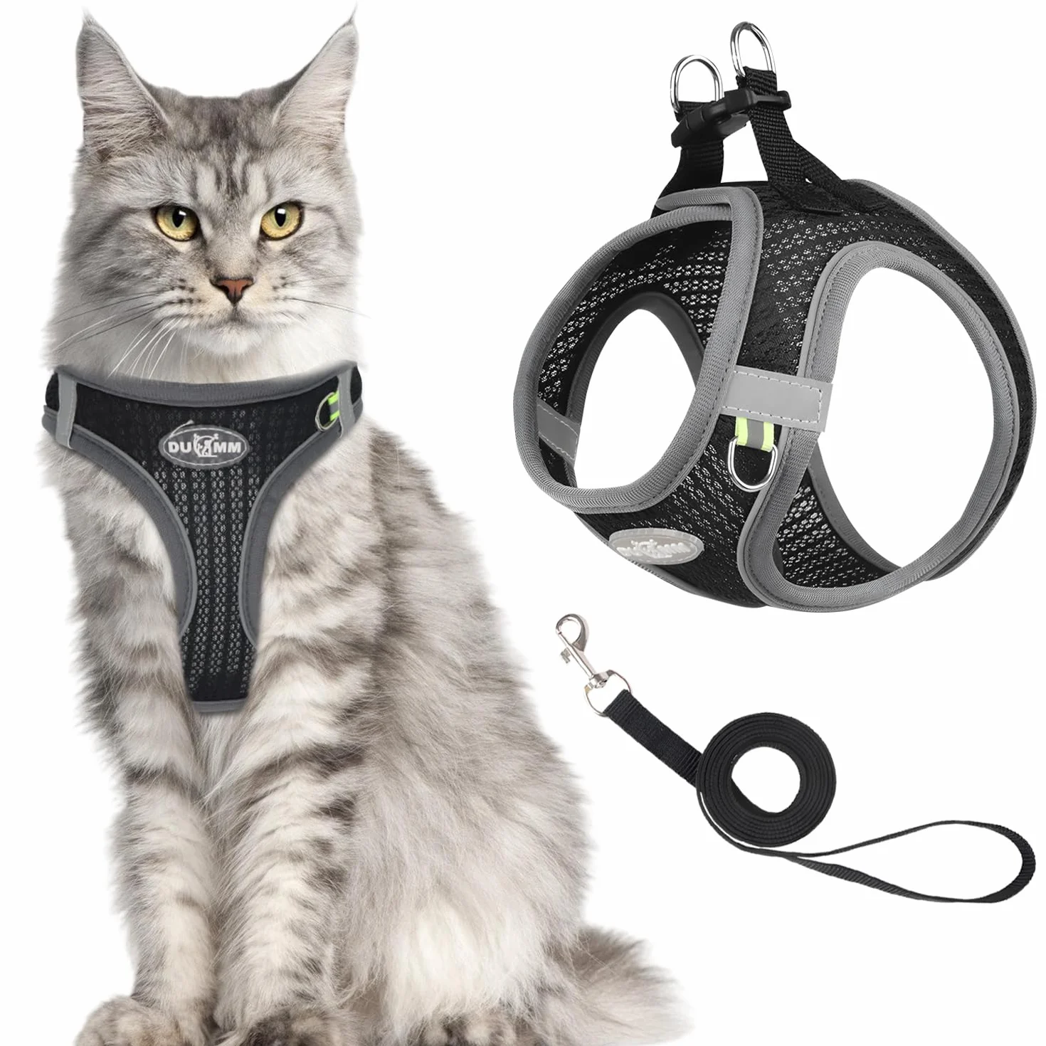 Harnais confortable pour chat noir respirant avec harnais souple pour harnais de poitrine, harnais pour chat avec laisse anti-éclatement, laisse réglable avec harnais pour chat (taille M)