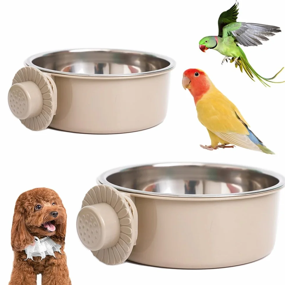 Gamelles acier inoxydable pour oiseaux lot de 2 mangeoires suspendues gris