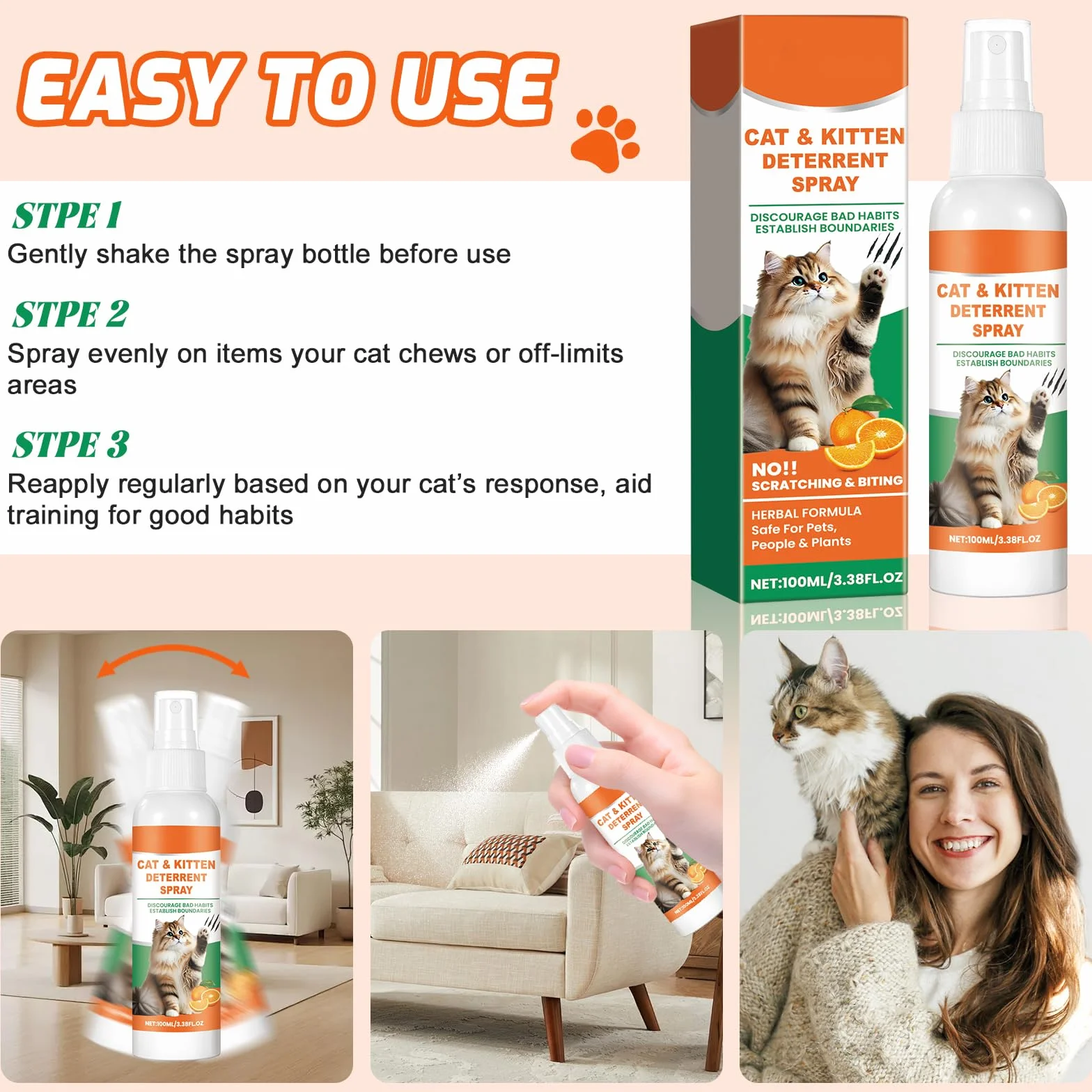 Naturel Répulsif Chat Extérieur Intérieur Spray Anti Griffe Rayure Stop Pipi Non Tachant Protection Meubles Canapé