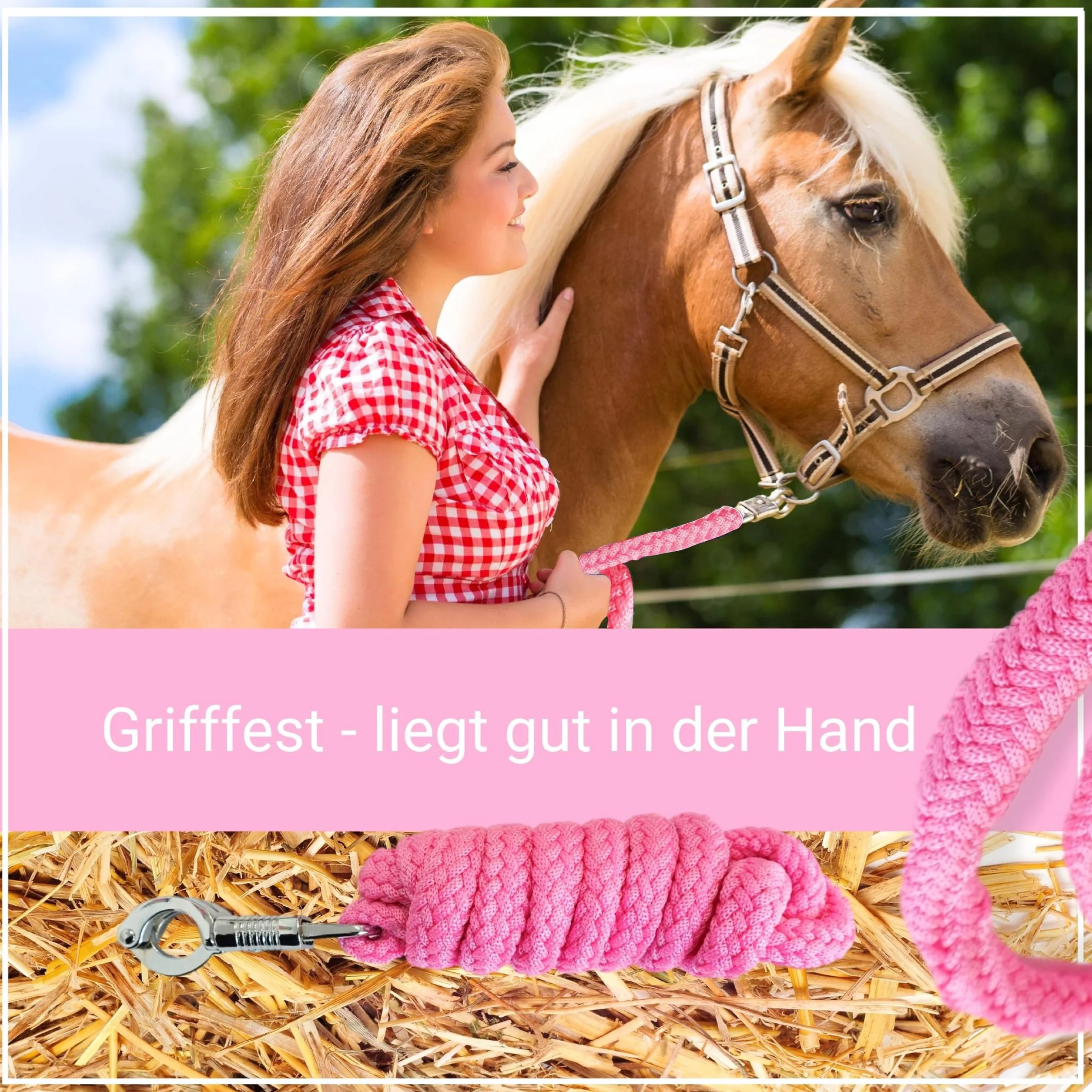 Longe pour cheval Anbindestrick avec mousqueton antipanique 2m Rose