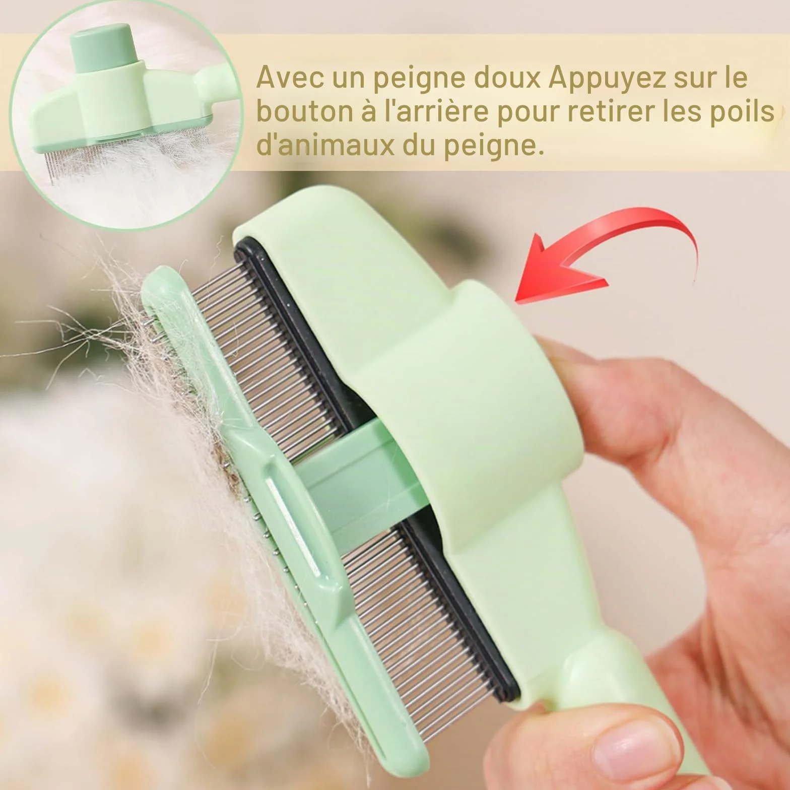 Brosse autonettoyante pour animaux de compagnie - Peigne à puces pour chat et poils longs/courts - Vert