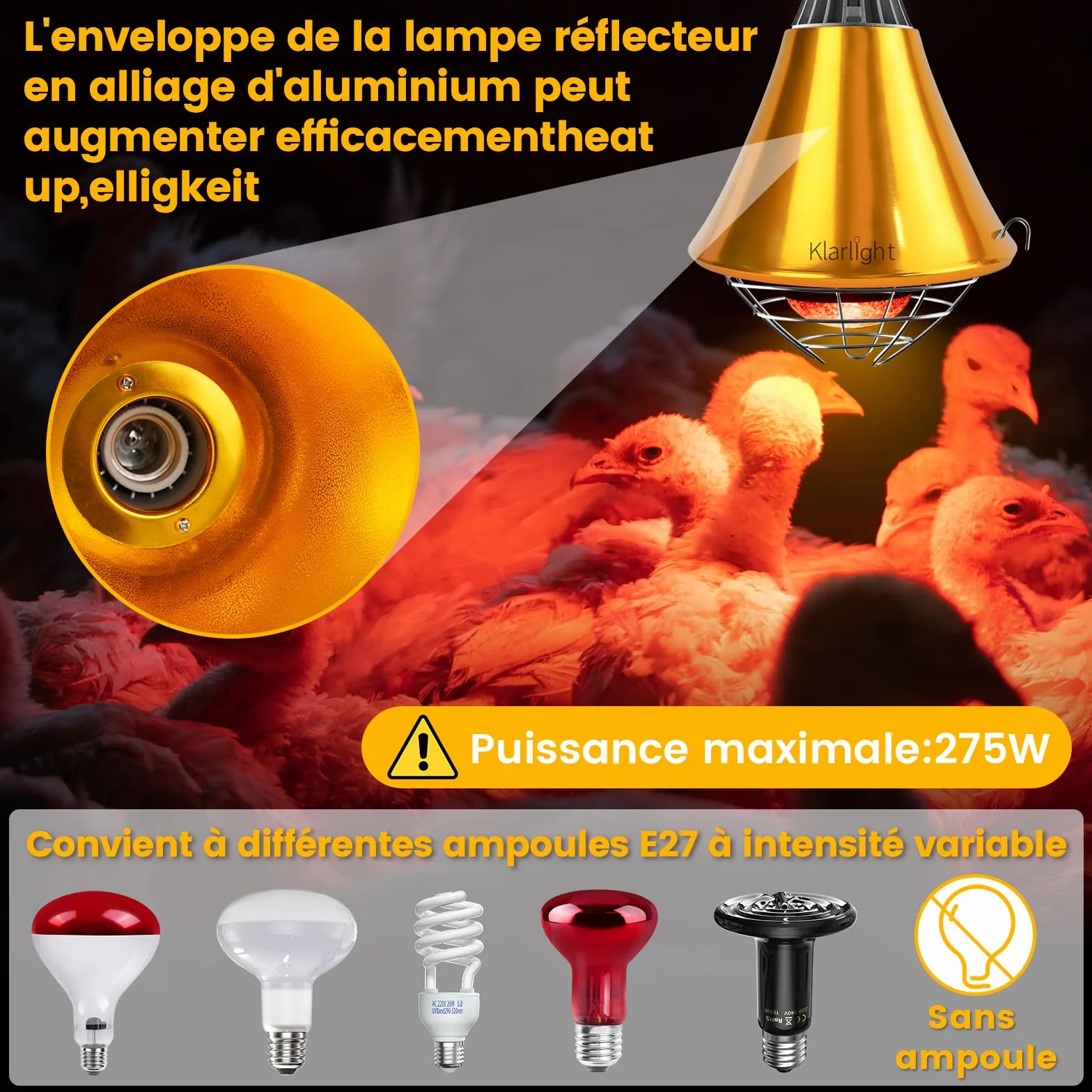 Klarlight Chauffante Infrarouge Dimmable 275W avec Grille de Protection, Câble 2m pour Poulailler Poussins Cochons (Sans Ampoule)