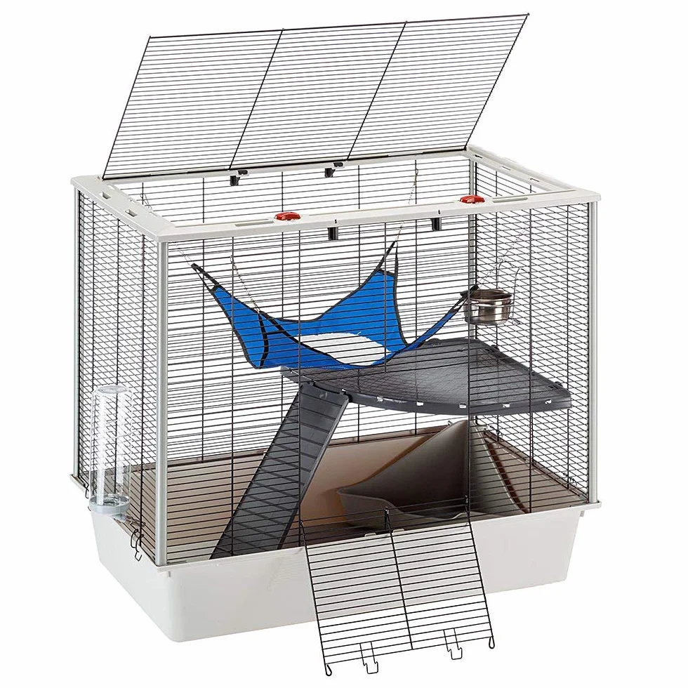 Ferplast Cage confortable pour fûrets et rats FURAT, strucutre à plusieurs niveaux avec accessoires inclus, angles renforcés, vernis métal et plastique noir, 78 x 48 x h 70