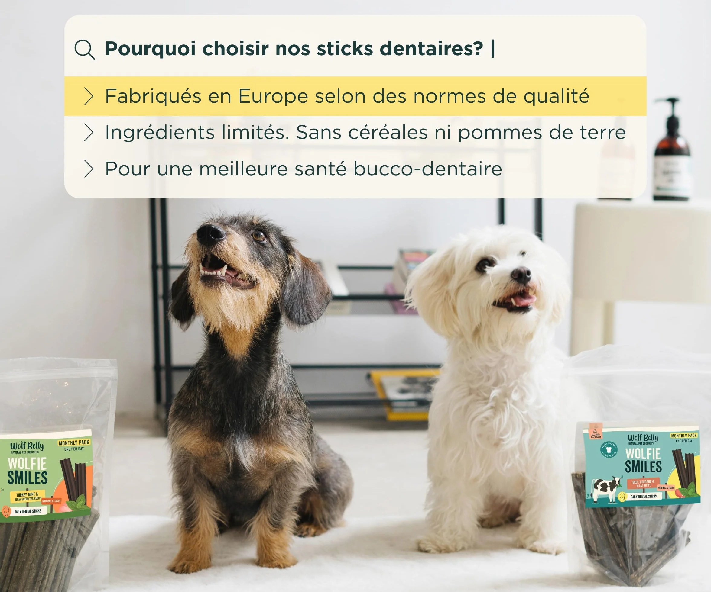 Wolf Belly Stick Dentaire Chien Naturel 28 unités 89% Bœuf Origan sans Céréales Hygiène Bucco-Dentaire Haleine Fraîche Riche en Protéines