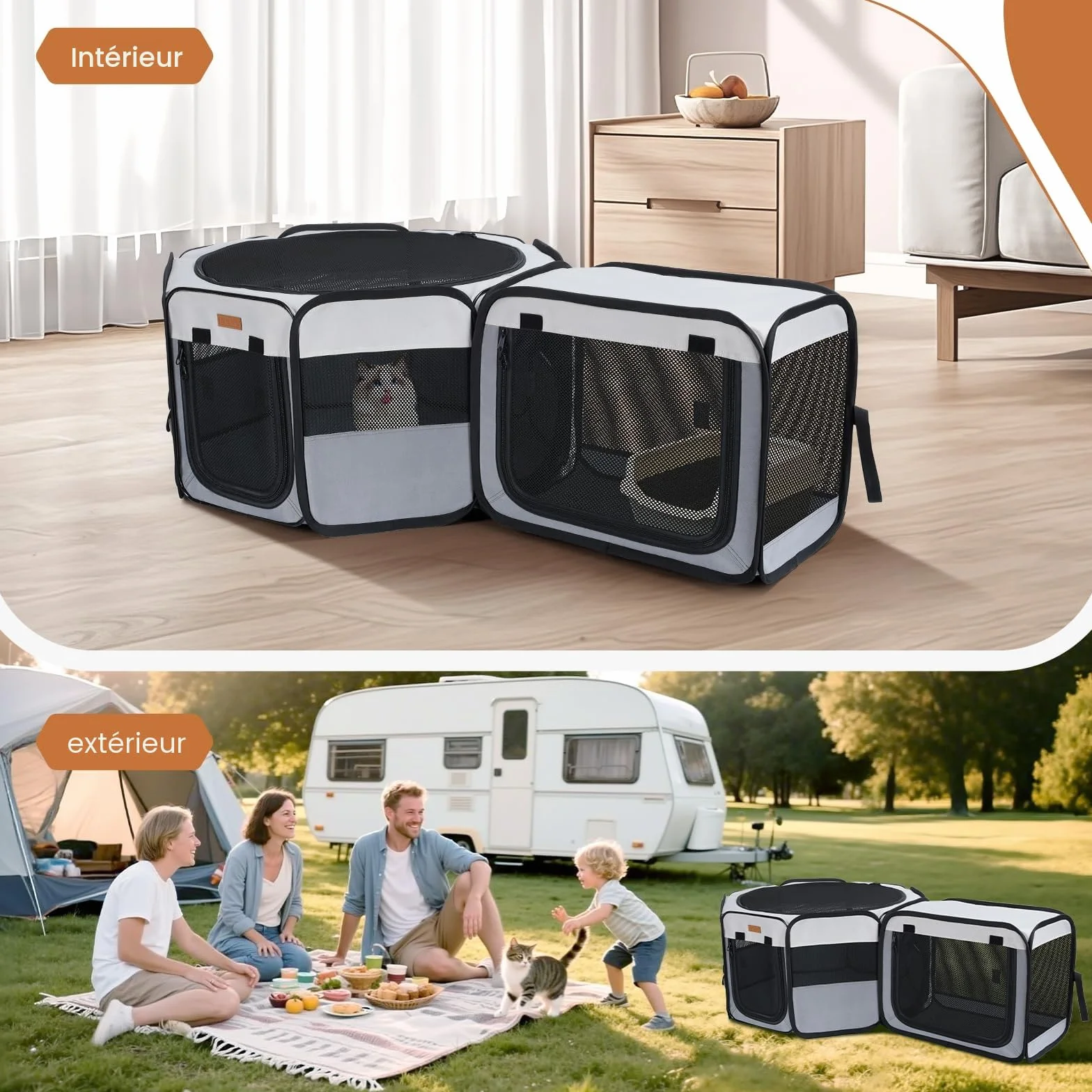 Enclos pour Chats 2-en-1 Parc pour Chiens et Petits Animaux Intérieur/Extérieur 120×40 cm Tente Portable Pliable Gris