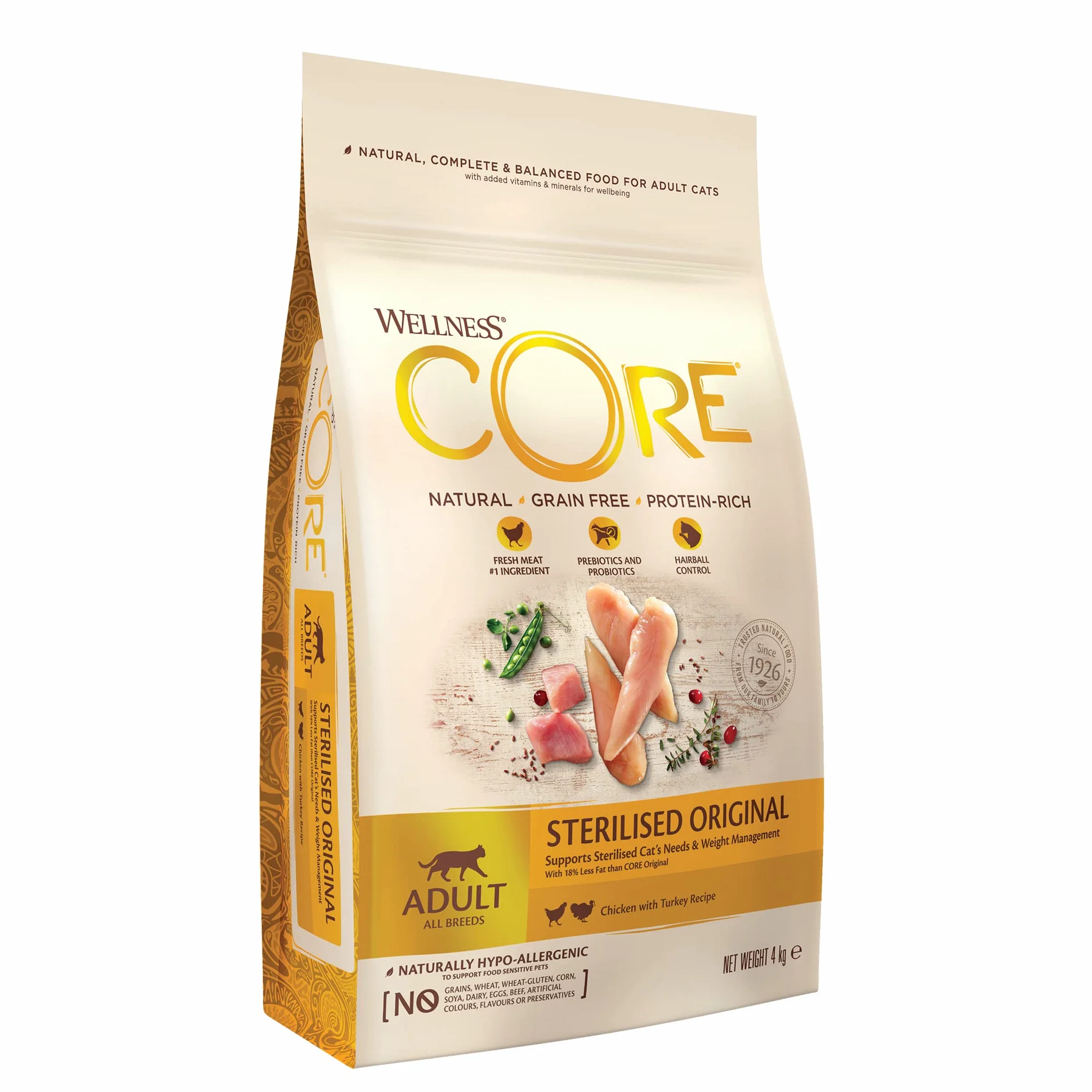 Wellness CORE Original Stérilisé Croquettes pour Chats Stérilisés sans Céréales 4 kg Poulet Dinde