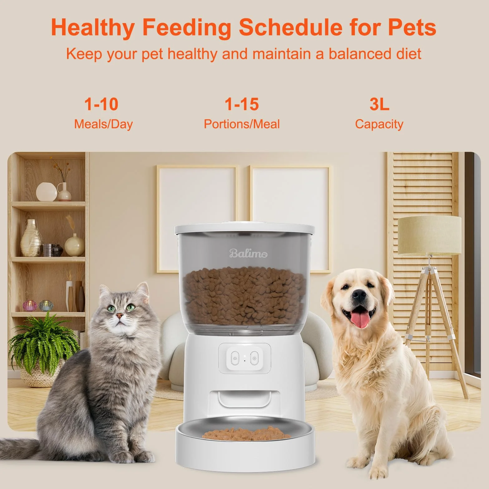 Balimo Distributeur Croquettes Chat Automatique 3L WiFi 2.4G 1-10 Repas Blanc