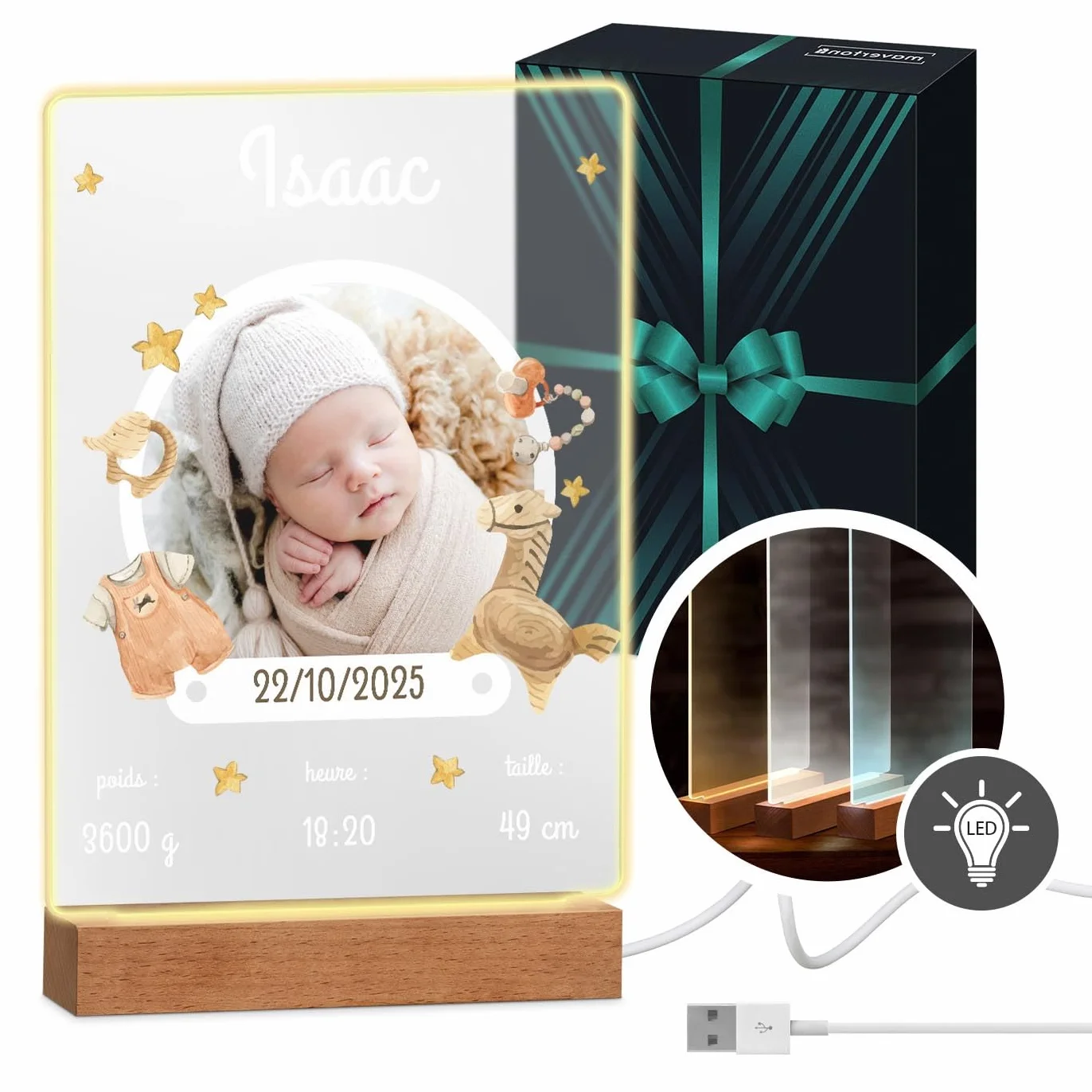 Maverton Cadre Photo Personnalisé Enfants Lampe LED Plaque Personnalisable Souvenir Jeunes Parents