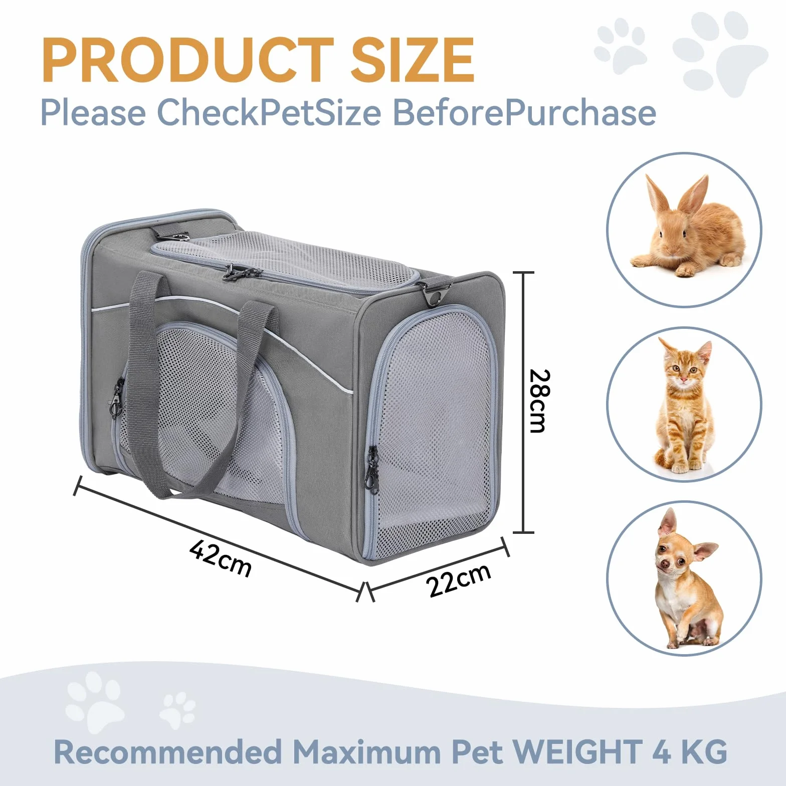 Petsfit Sac de Transport Démontable Lavable avec 2 Coussins pour Chien Chat - Caisse de Transport Pliable Bandoulière pour Voyage Avion, Voiture - S/Gris