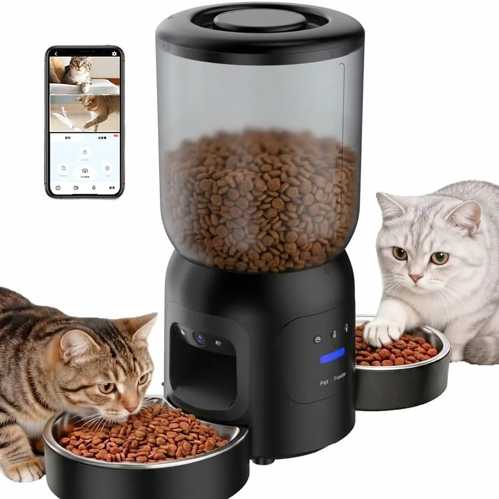 Distributeur Croquettes Chat Automatique, WiFi Caméra, Bol Inoxydable, Programmable & Portionnée, Batterie de Secour - PF5 Noir - Deux Gamelles 2K DIY Zone d’Alerte