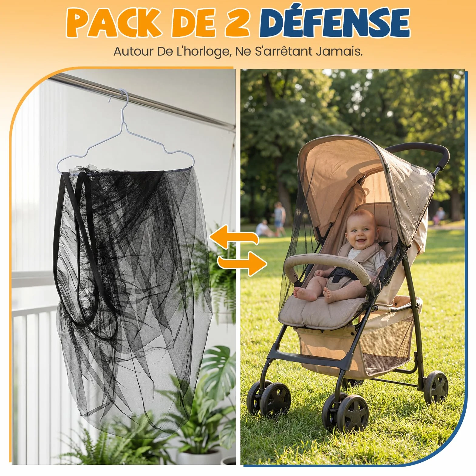 Lot de 2 Moustiquaire Poussette Universelle avec Bord Élastique, Maille Polyester Résistante, Protection Insectes, Noir