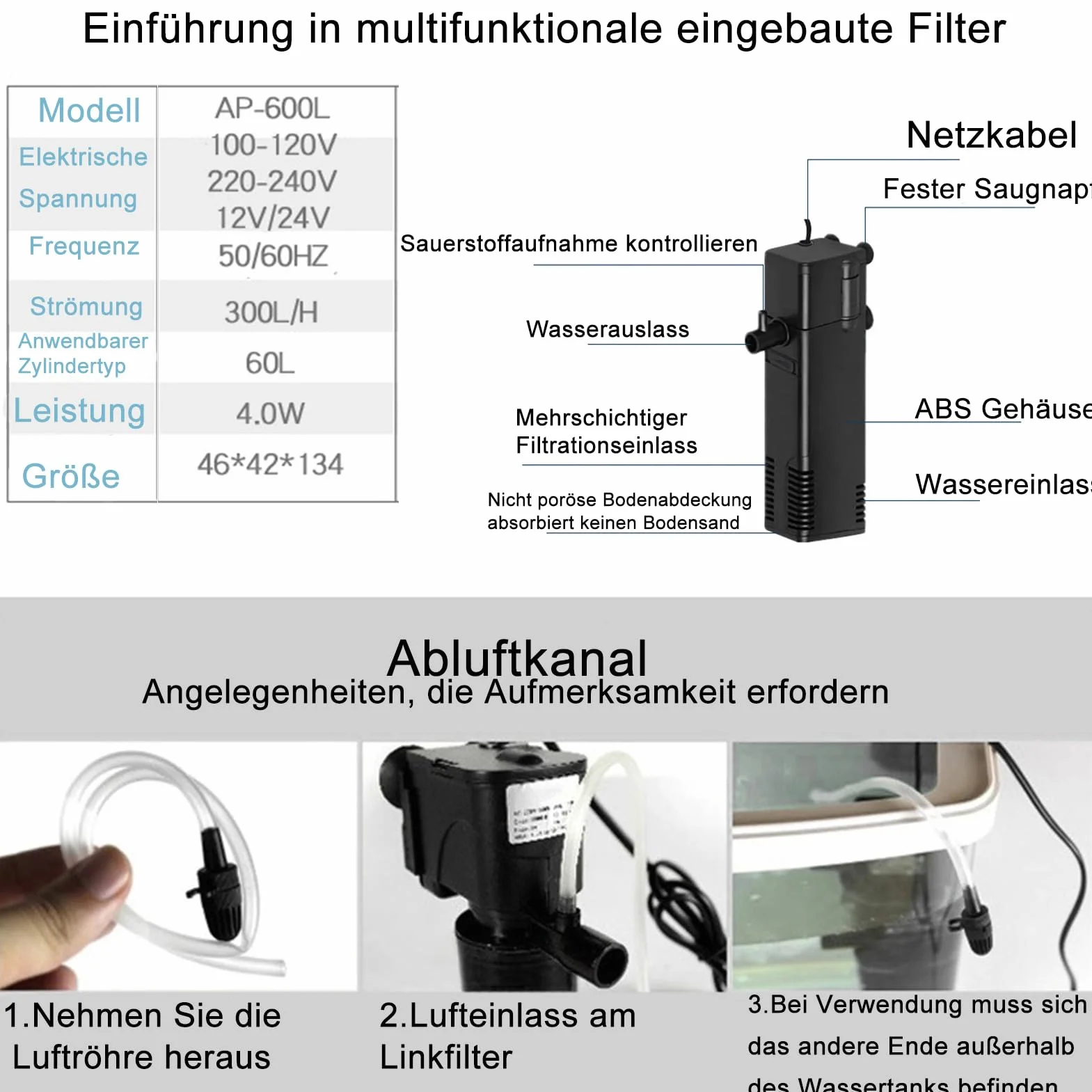 GERUI Filtre d'aquarium Pompe 4W 300L/h Circulation d'eau réglable pour Aquarium 60L
