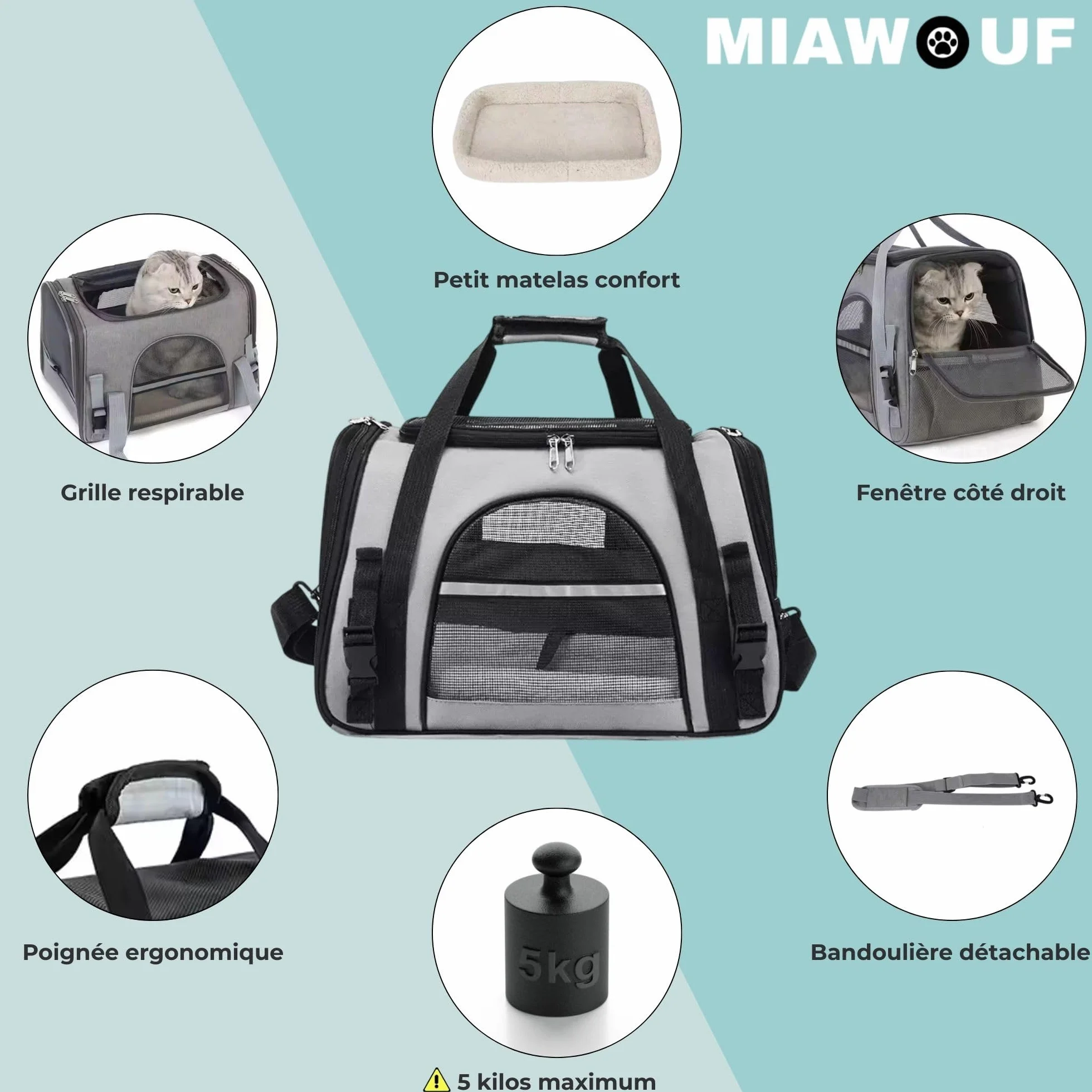 Miawouf Sac Transport Chat Caisse avec Bandoulière Réglable Matelas Confortable 45cm 28cm 25cm Small-Medium 5KG