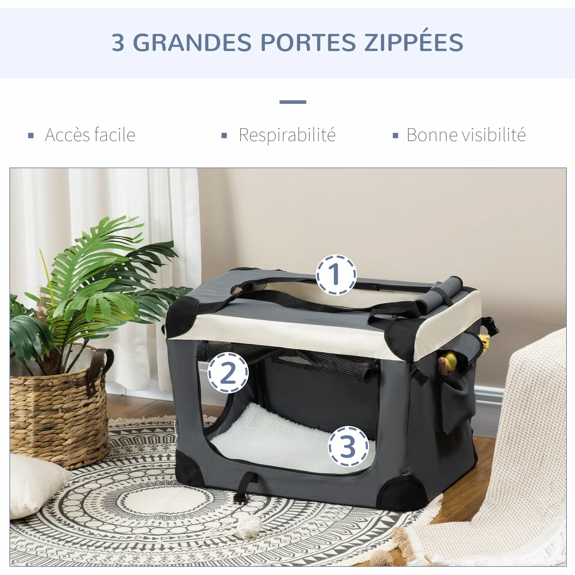 PawHut Panier de Transport pour Animal de Compagnie Pliable Portable Ouverture Supérieure Tissu Maille Respirant Gris Noir