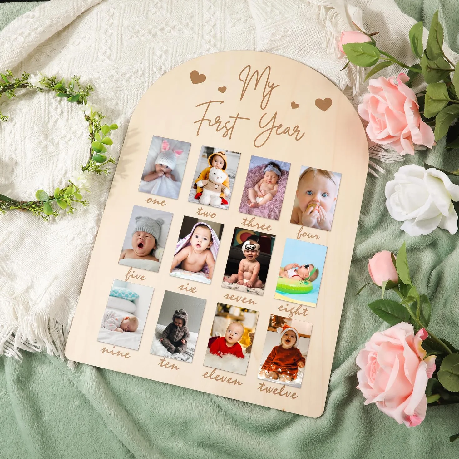 PEUTIER Tableau en Bois Cadre Photo Nouveau-Né 12 Mois Bébé Décorations Chambre
