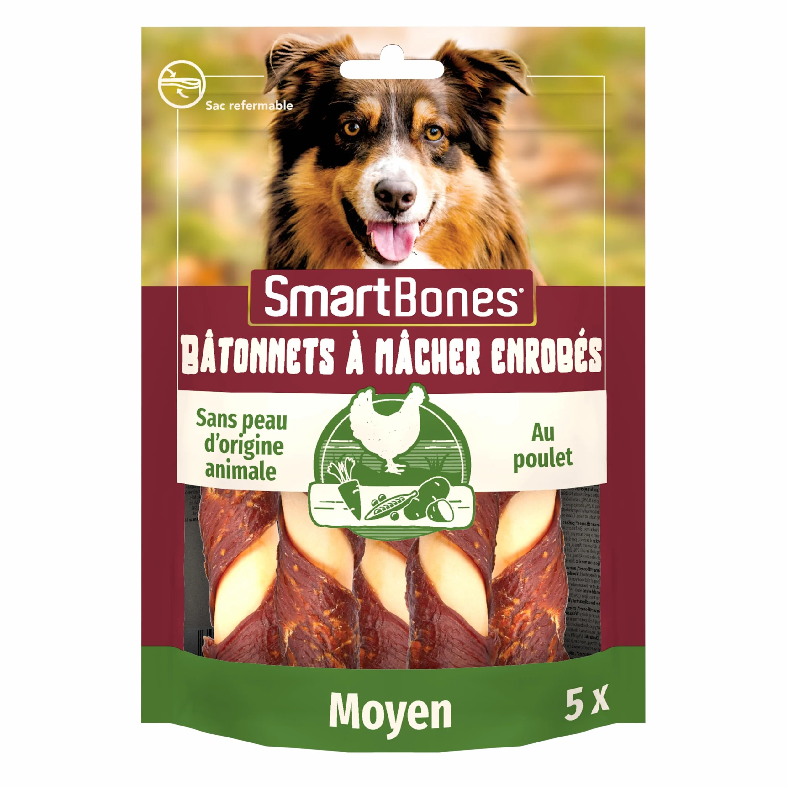 Smartbones Gâteries à mâcher pour chiens sans cuir brut, 5 bâtonnets enrobés de poulet