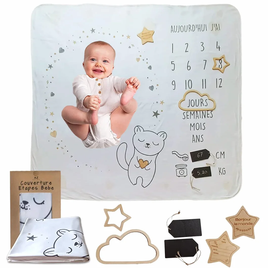 Couverture étape bébé personnalisée avec carte en bois - tapis mois photos - coffret cadeau naissance - thème étoile