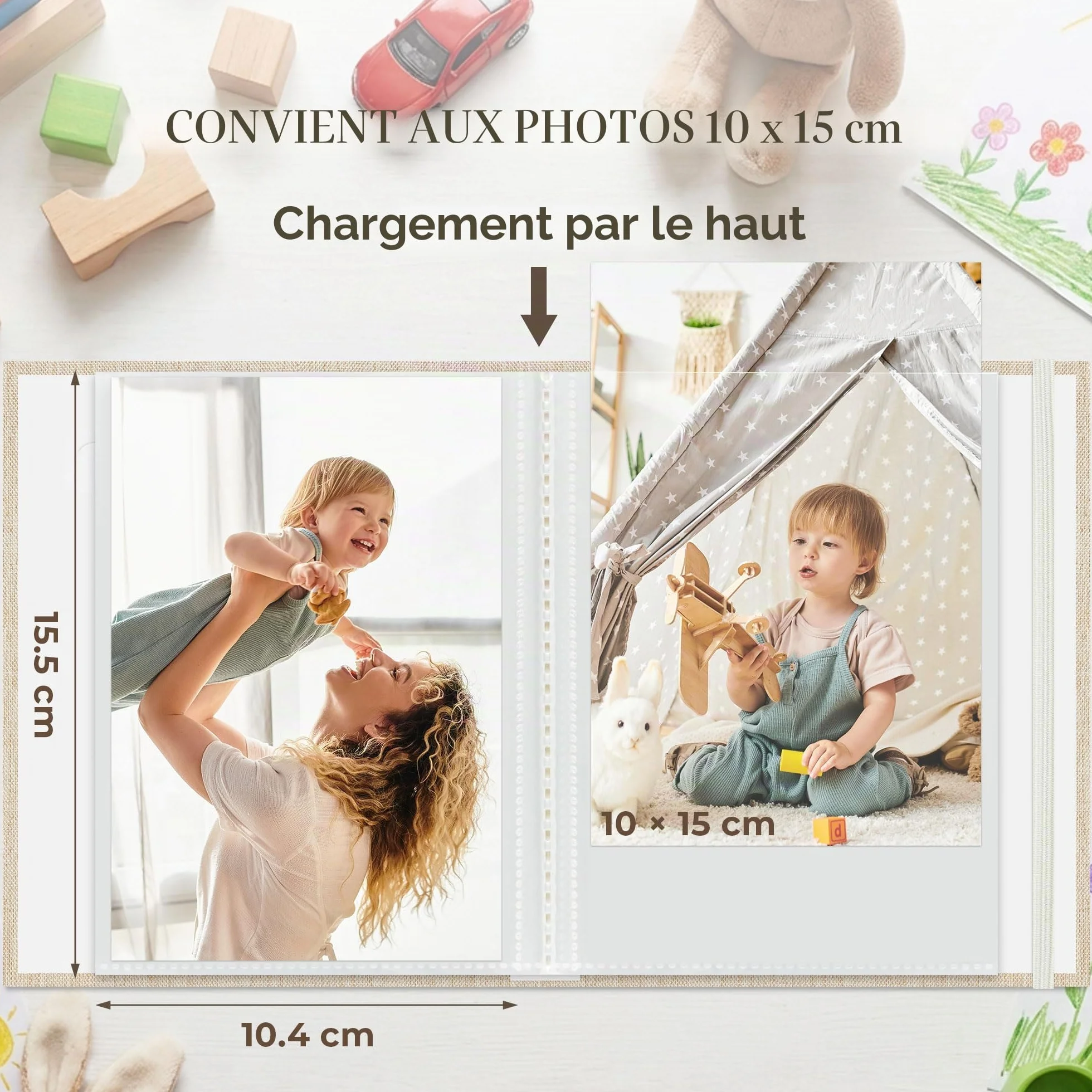 Petit Album Photo 10x15 cm, 2 Paquets Mini Albums Photos avec Fenêtre Personnalisée, Couverture en Lin, 26 Poches 52 Photos, Beige