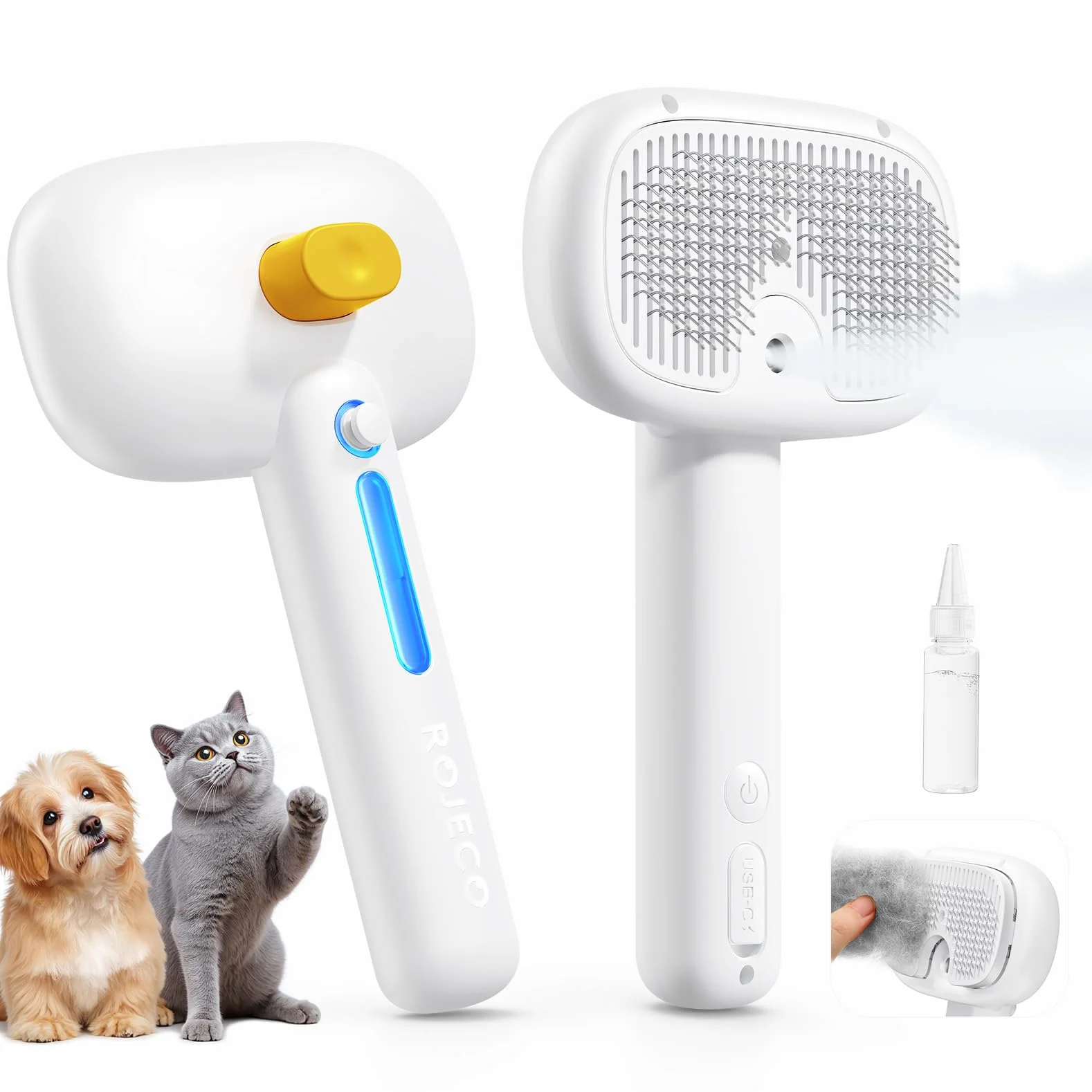 ROJECO Brosse pour chat vapeur 3 en 1 anti-sous-poils nœuds auto-nettoyage 3 modes pulvérisation poils longs courts chiens