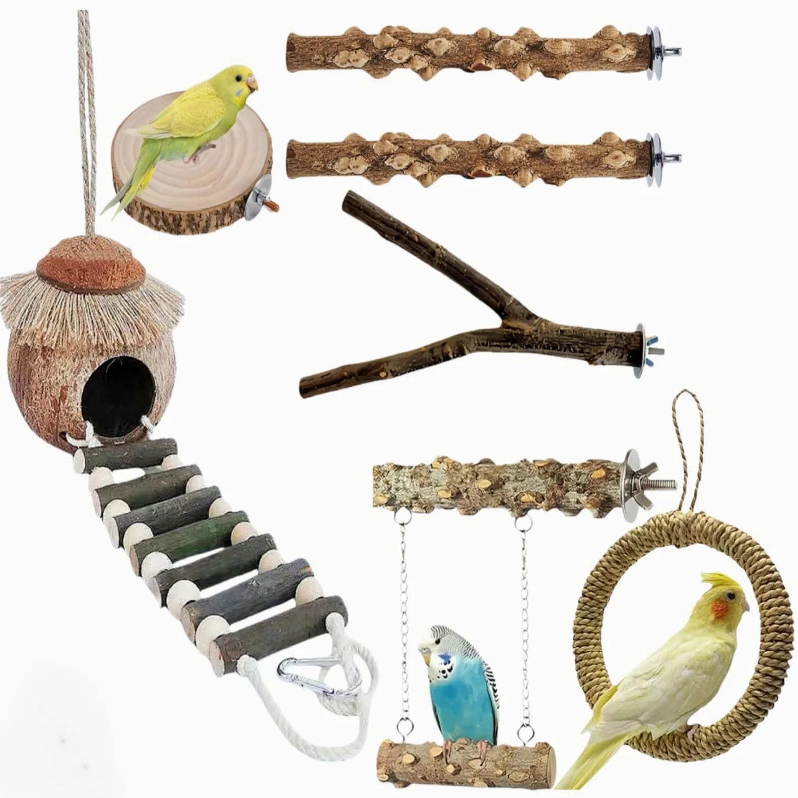 Kit d'Accessoires pour Oiseaux, Nid de Noix de Coco Naturelle avec Perchoirs en Bois de Sichuan, Balançoire et Plateforme, Adapté aux Perruches, Perroquets et Oiseaux de Petite Taille