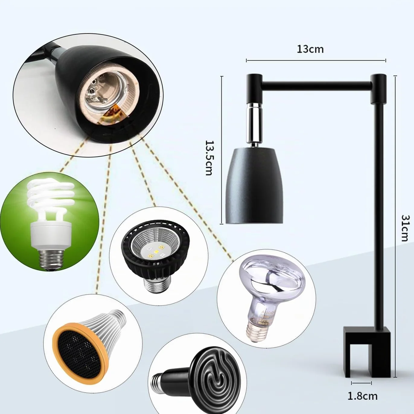 Lampe Chauffante Reptile Rotatif 360° en Métal - pour Lampe UVA/UVB - Accessoire Terrarium Serpent, Tortue, Lézard