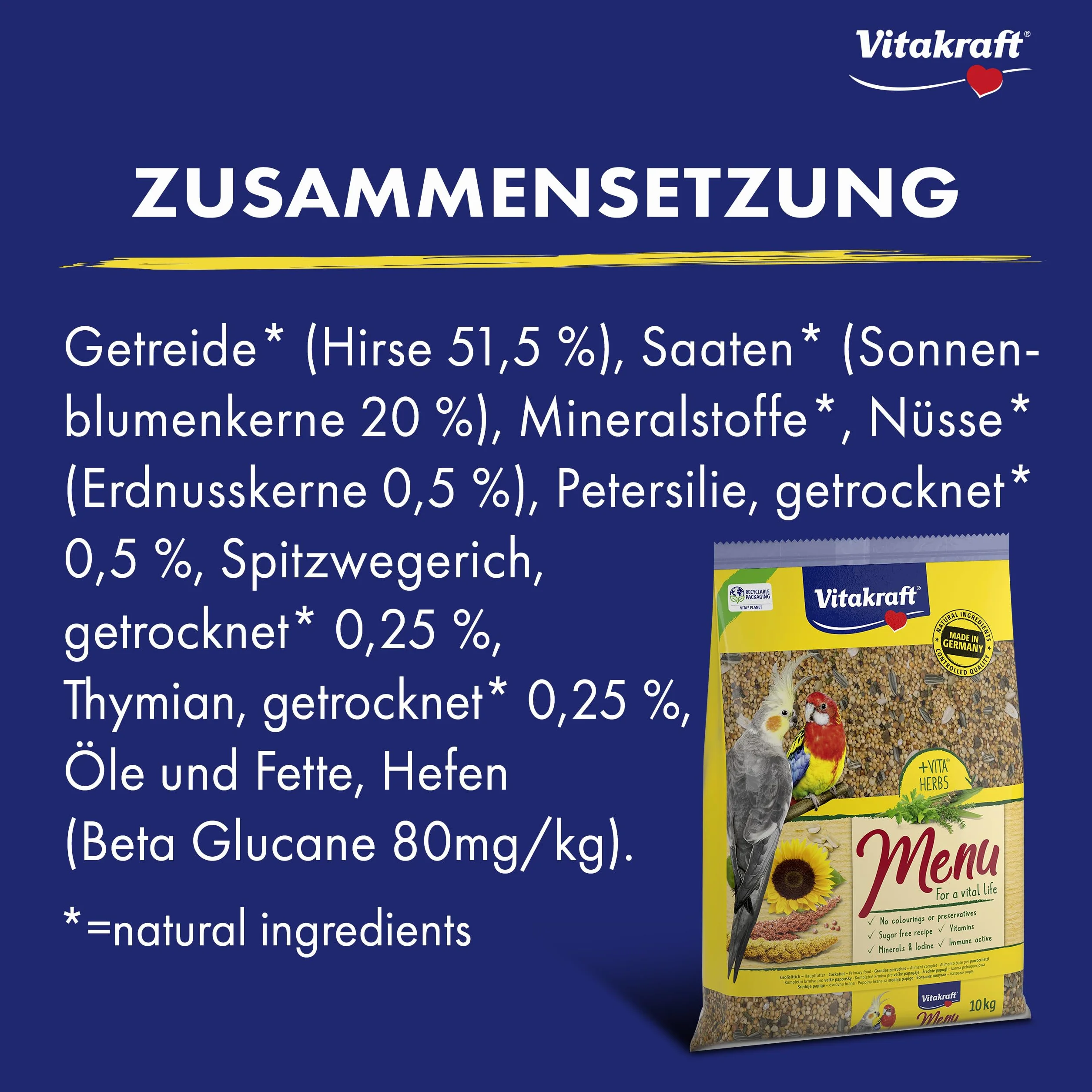 Vitakraft Menu 10 kg Nourriture Principale pour Grandes Perruches avec Vitamines et Complexe Immunitaire Actif