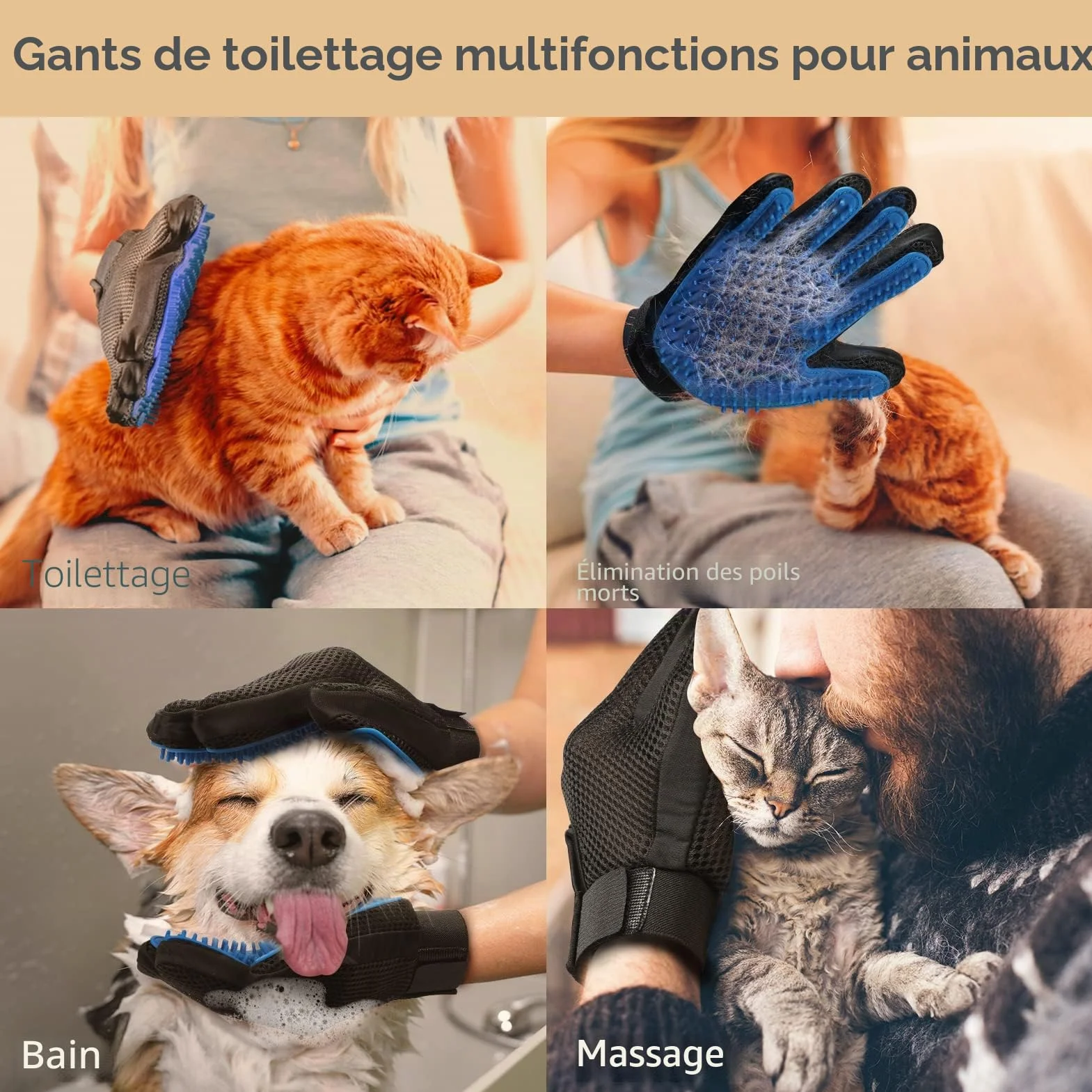 Gant de toilettage pour animaux de compagnie, doux, efficace pour enlever les poils, démêlage et massage
