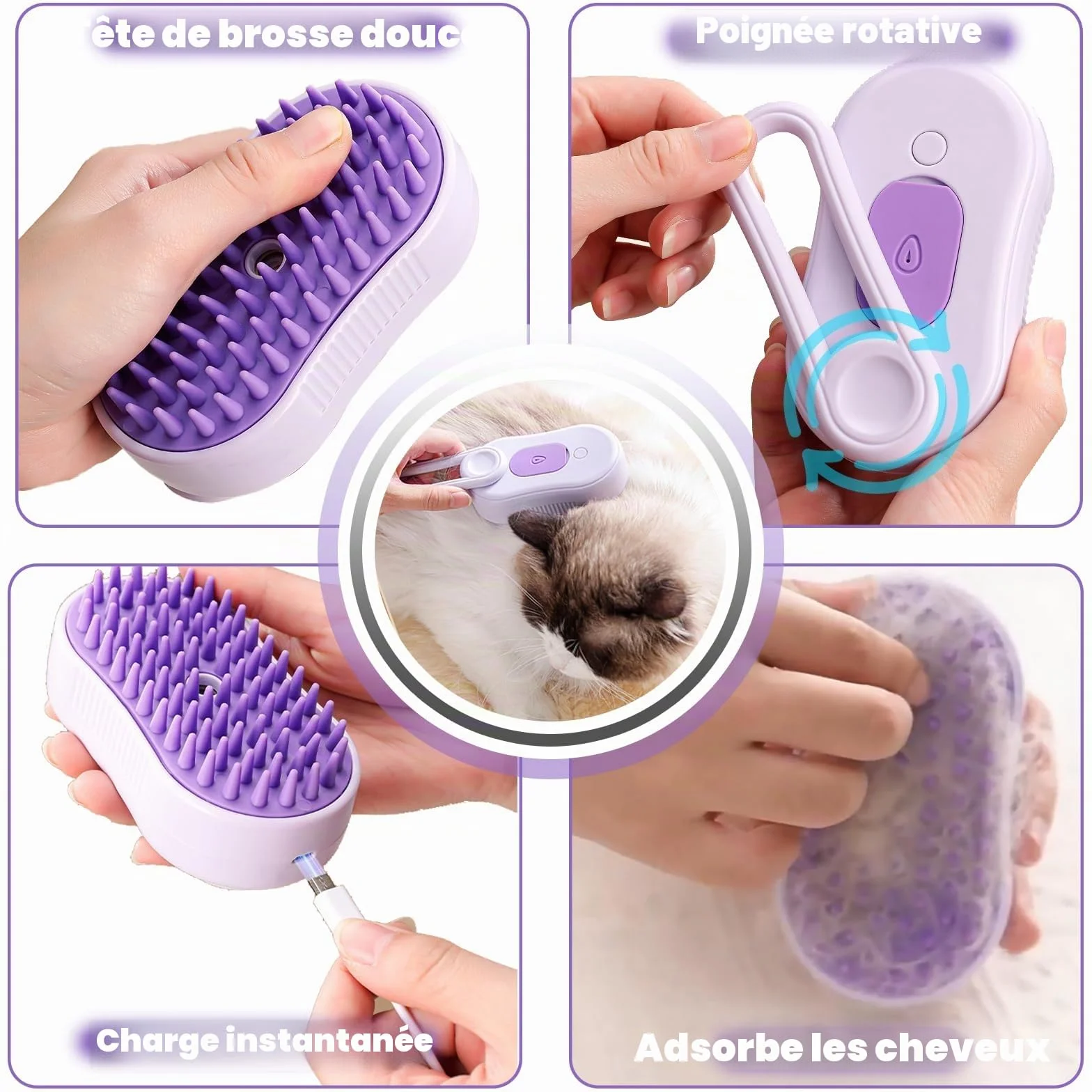 Brosse à vapeur 3 en 1 pour chat et chien - Brosse de toilettage à vapeur
