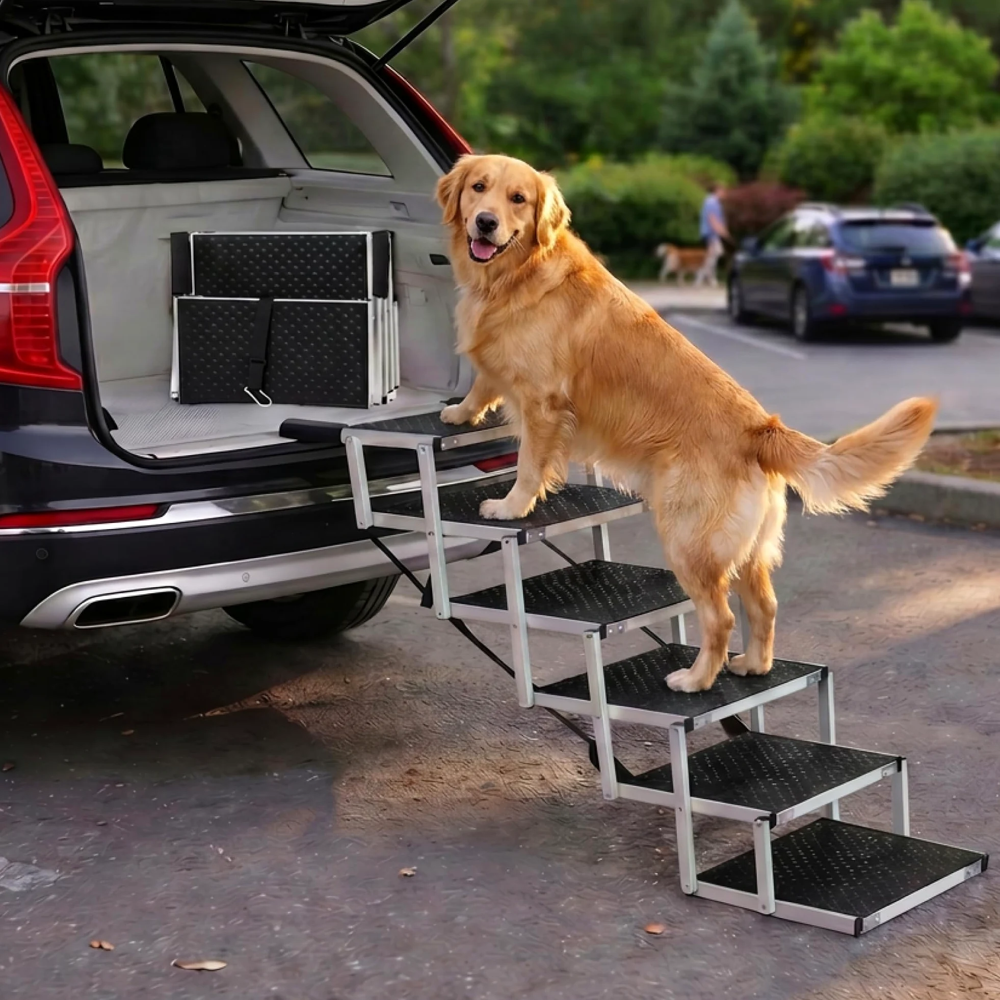 Escalier Chien Voiture Pliable – 4, 5 ou 6 Marches pour Coffres Bas ou Élevés (63–81 cm) – pour Petites Voitures, Breaks & SUV – Rampe Escalier Chien pour Monter sans Sauter