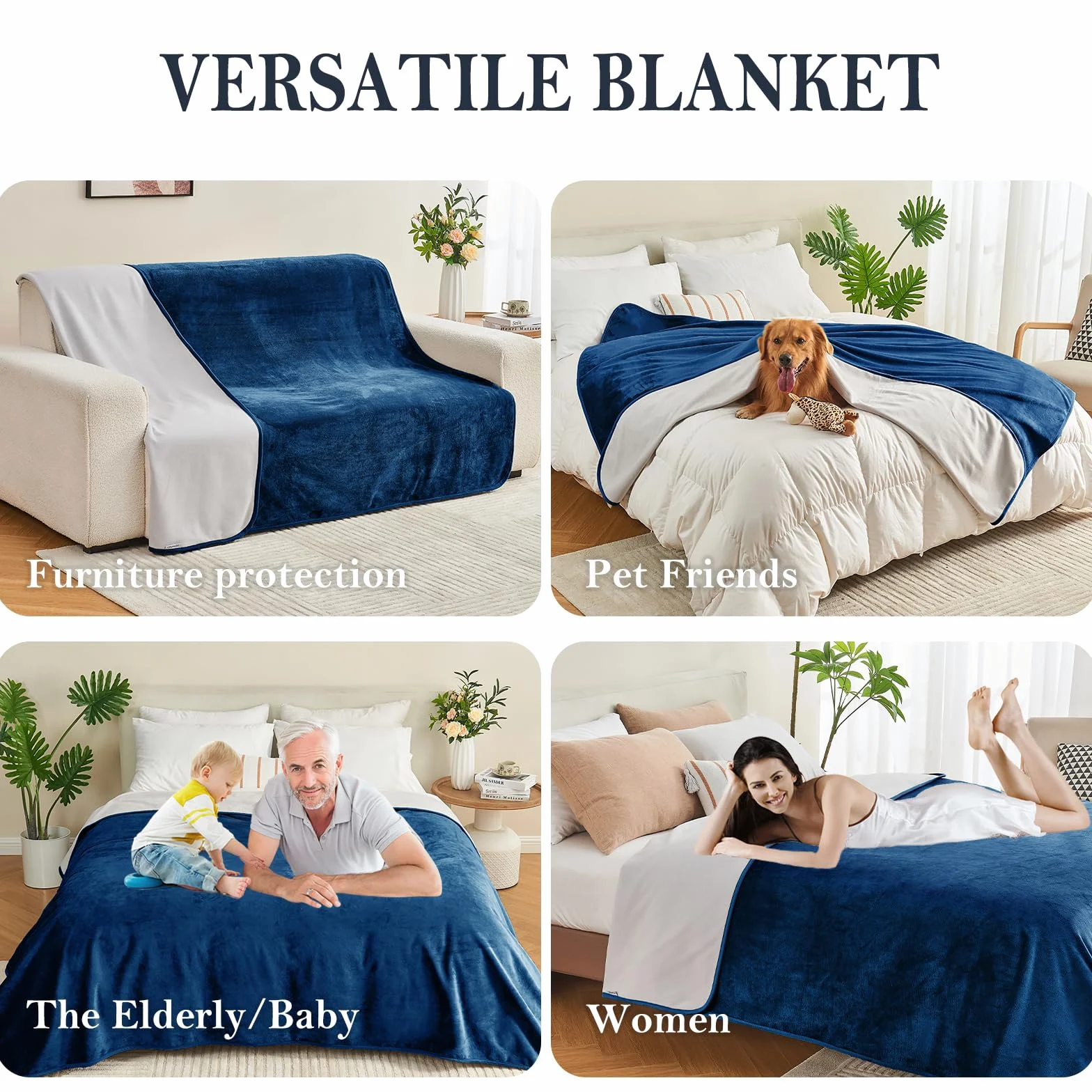 Couverture Imperméable 101x152cm pour Adultes, Protège-Matelas Réversible pour Animaux, Bleu Marine/Gris Clair