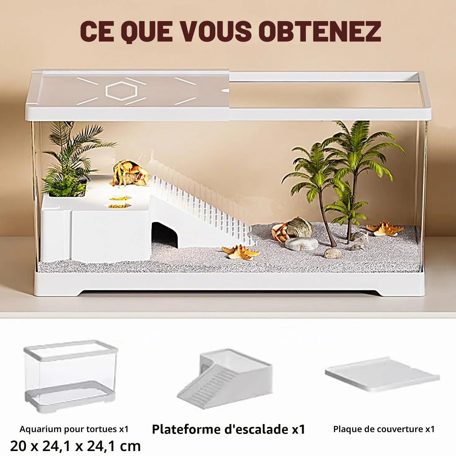 Aquarium de Tortue avec Plate-Forme de Bronzage et Drainage de Fond, réservoir de 20" x 9.5" x 9.5", pour Tortue juvénile, Reptiles