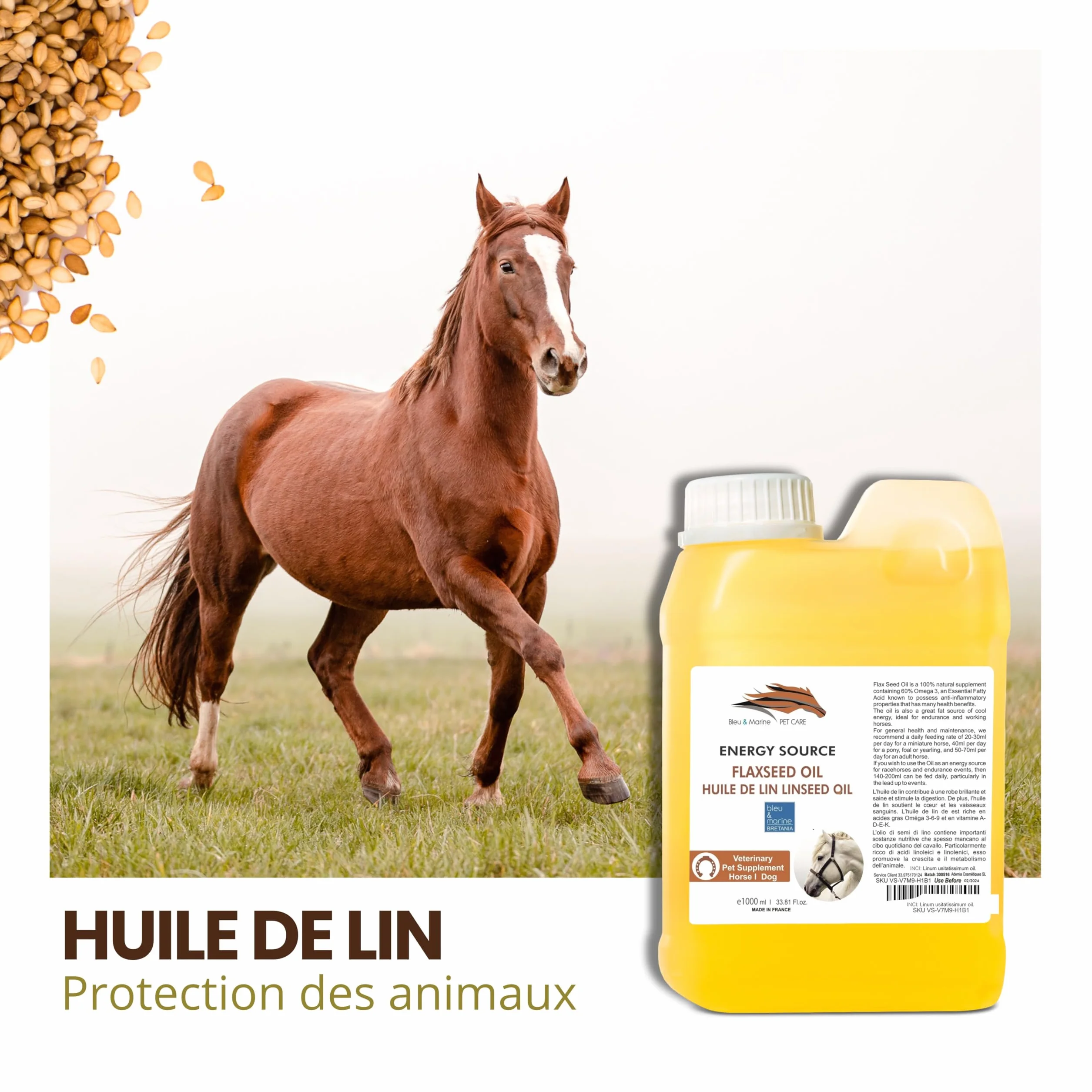 Huile de Lin VET Alimentaire 5000 ML Omega 3-6-9 Vitamines A-D-E-K pour Digestion Cœur Vaisseaux Sanguins