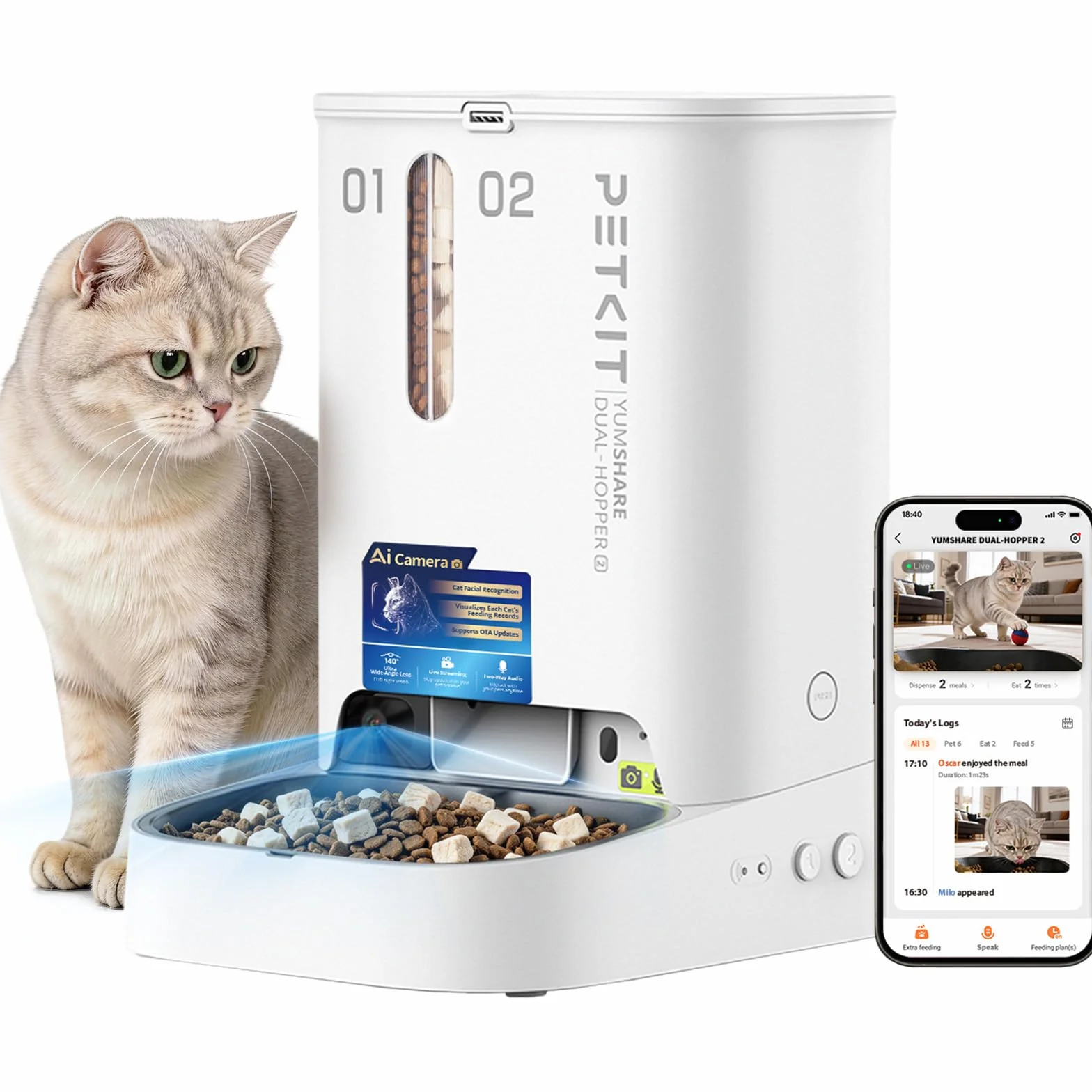 PETKIT YumShare Dual-Hopper 2 Distributeur Automatique de Croquettes pour Chat avec Caméra HD 1080P, Reconnaissance faciale, Vision Nocturne, Wi-Fi 2.4G&5GHz, 5L