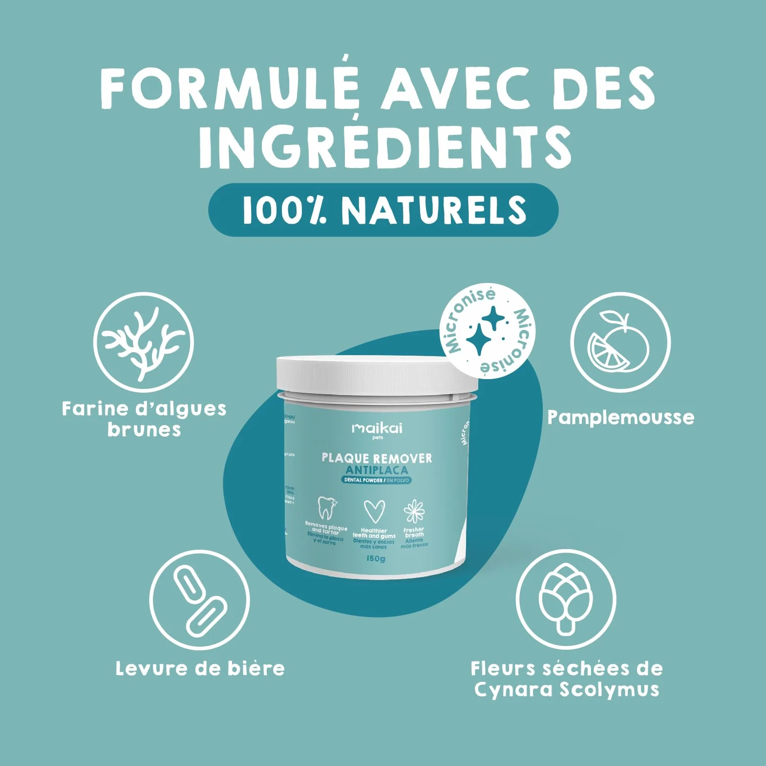 MAIKAI Poudre Anti-Tartre et Mauvaise Haleine pour Chien et Chat 150g – Complément Dentaire Naturel pour Santé Buccale