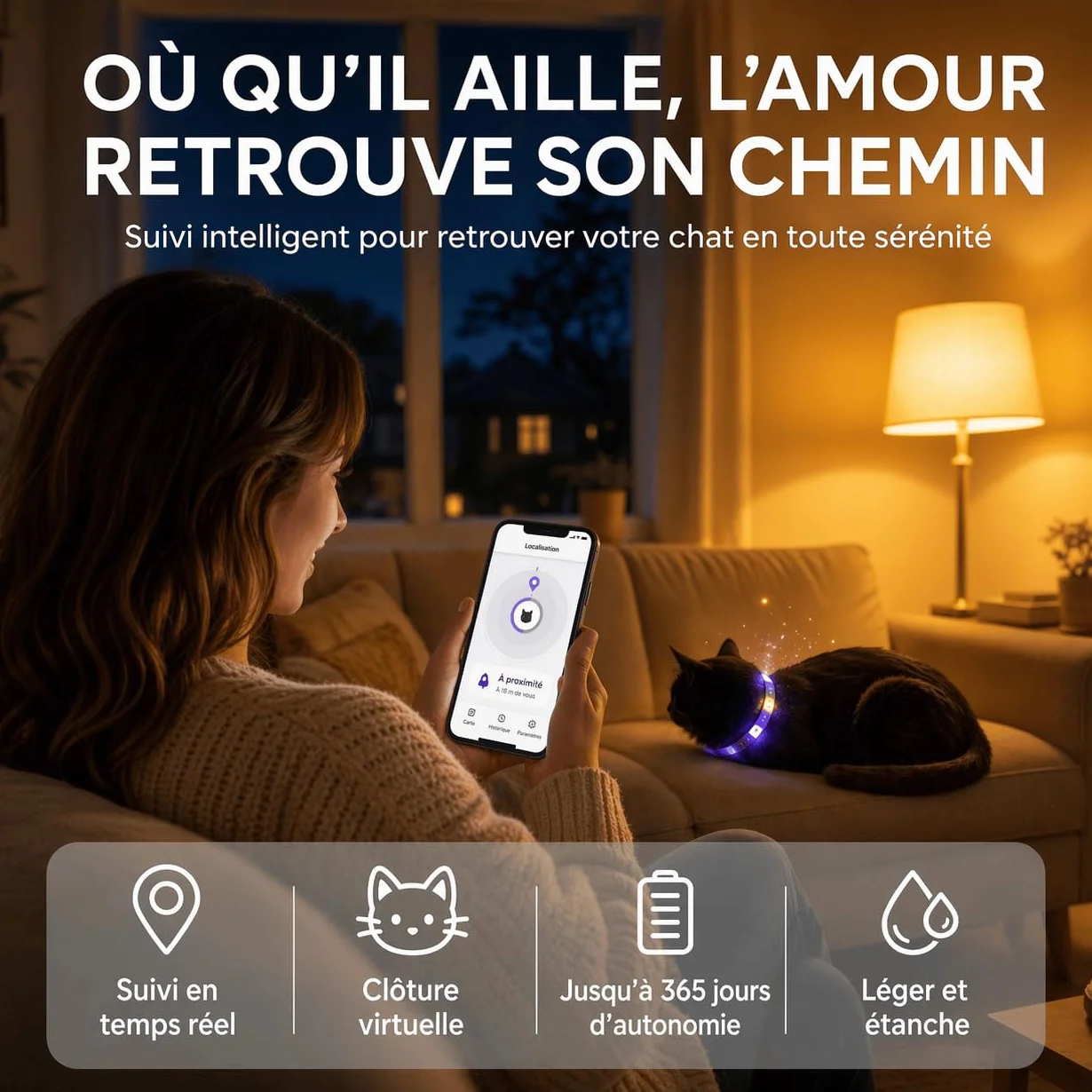 Collier GPS Chat sans Abonnement ni Carte SIM, Traceur GPS Étanche IP67, Localisation Temps Réel, Anti-Perte (Noir)