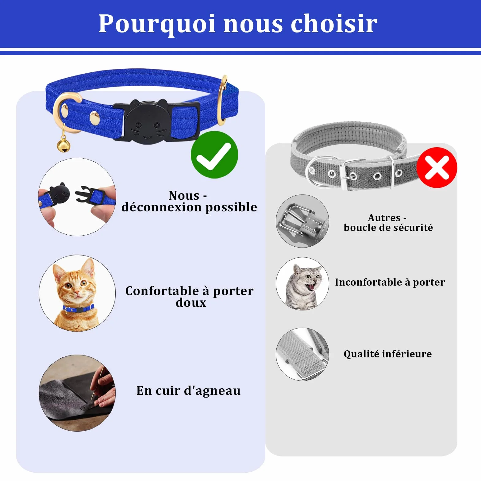 Collier Chat Anti-Étranglement en Cuir d'agneau Boucle Amovible Bleu