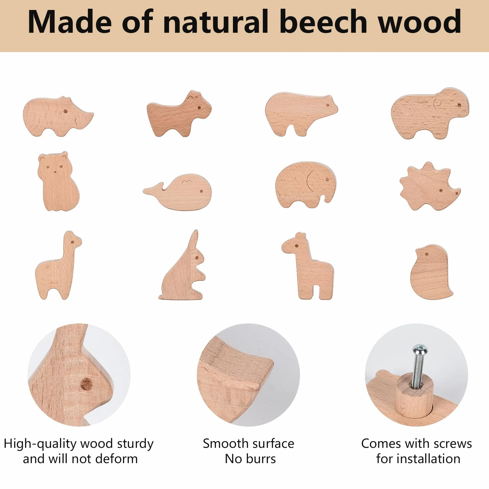 Poignées de tiroir en bois forme animal lot de 12 avec vis chambre enfant