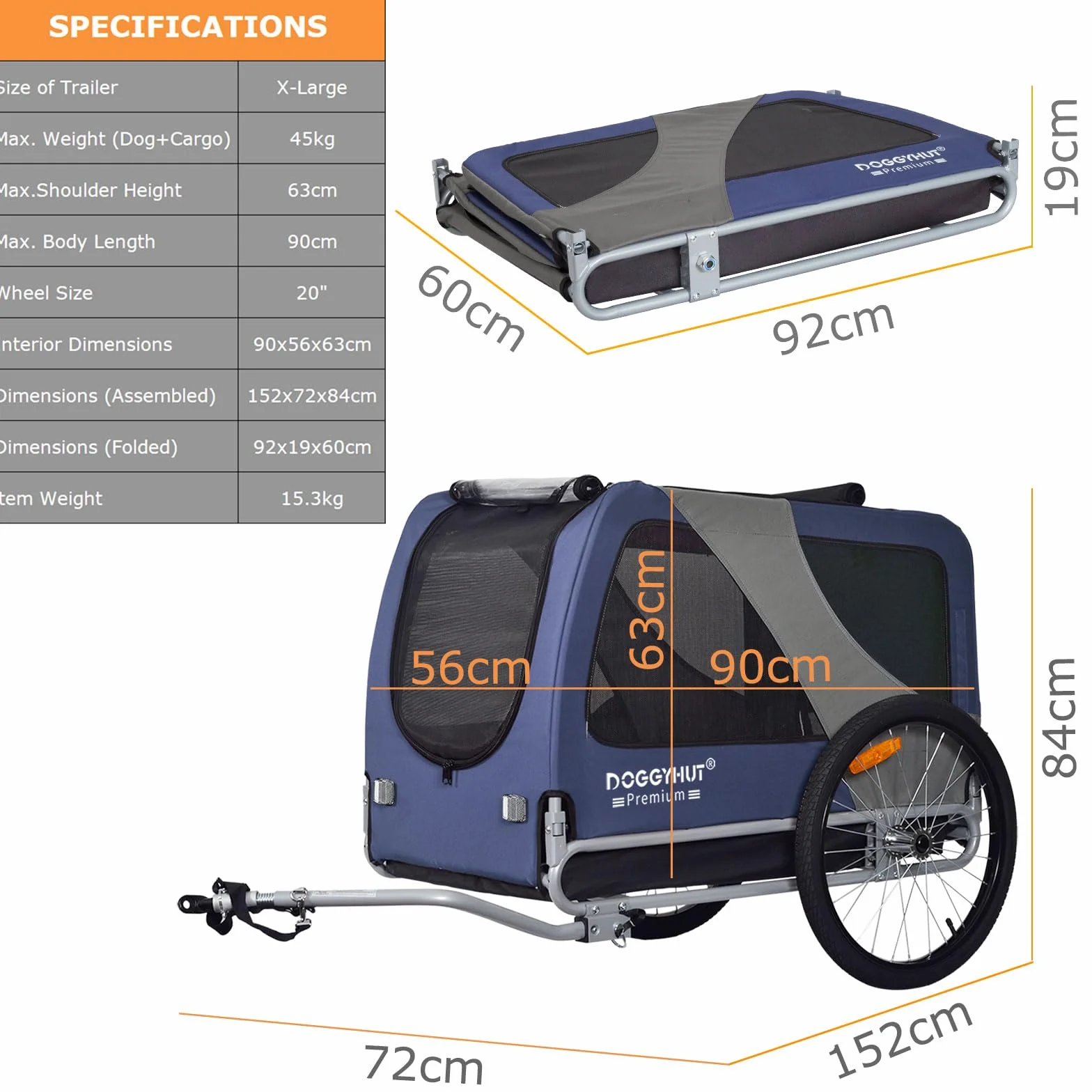 Remorque pour Chien 45 kg Doggyhut Premium XL Centre de Gravité Bas
