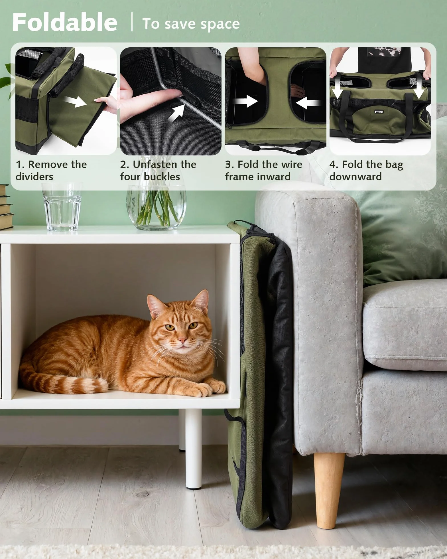 Pecute Sac de Transport pour 2 Chat, Cadre Ultra Stable, Pliable, Vert