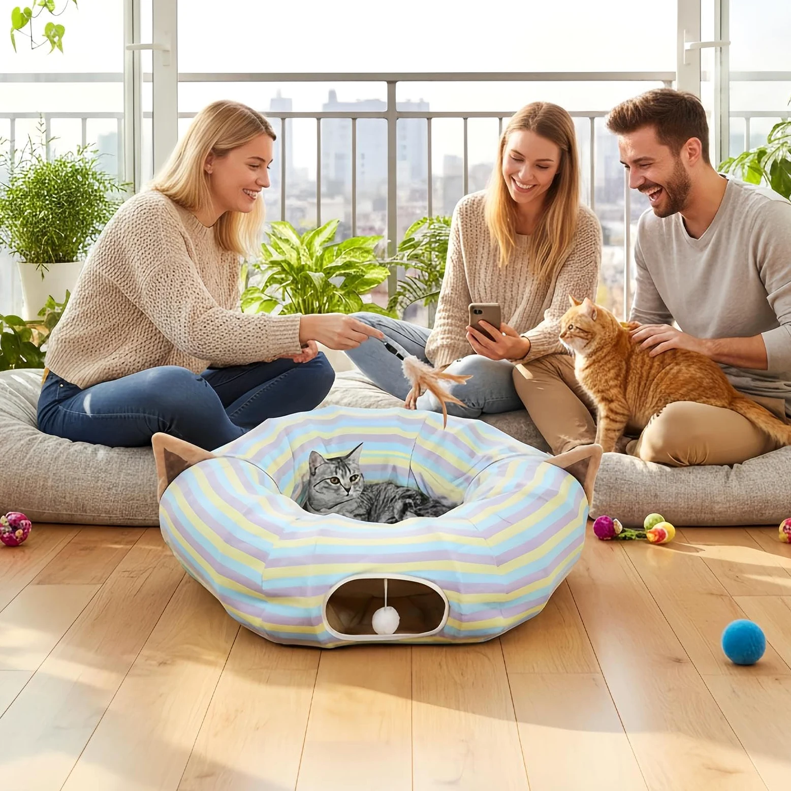 Tunnel pour Chat Grand Jouet en Forme De Maison Pliable avec Puzzle | Tube De Pour Chat À Rayures Colorées Pour Chaton, Animal De Compagnie, Anniversaire, Fête De Noël, Petits Animaux, Chasse