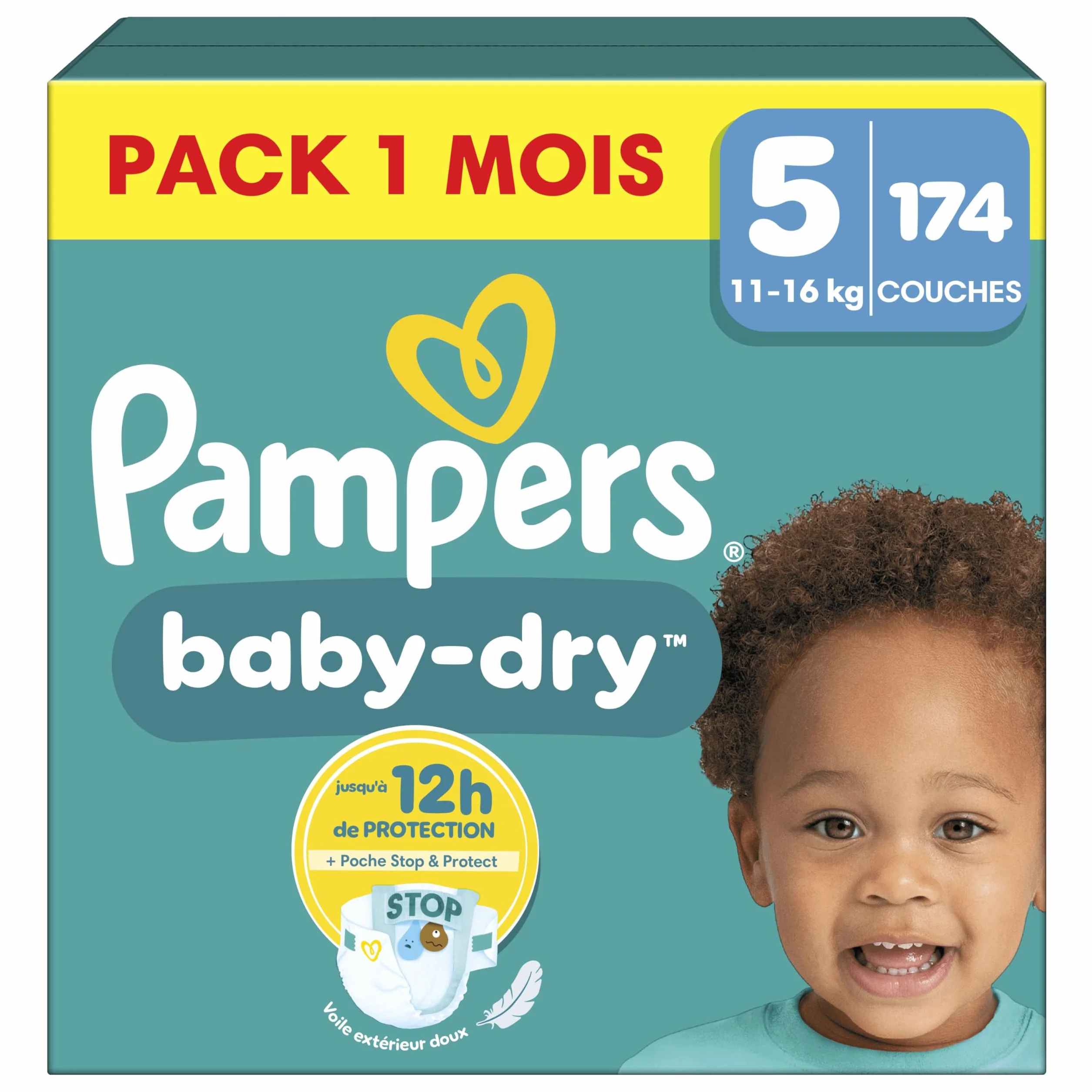 Pampers Baby-Dry Taille 5 174 Couches 11-16kg Nuit Sans Fuites Poche Stop & Protect Pack 1 Mois