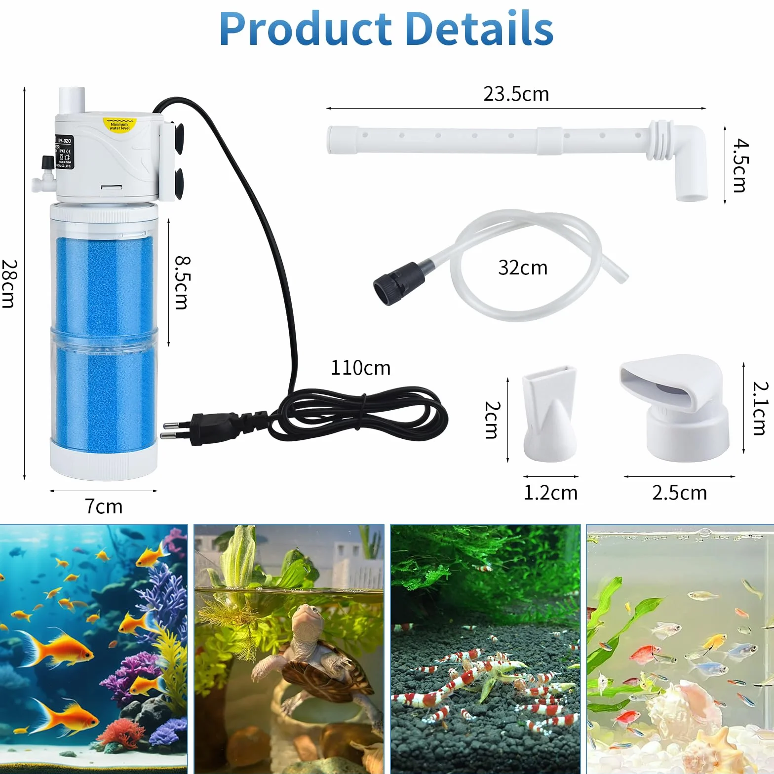 Pompe Aquarium 60L 100L Filtre 15W 1000L/H 5 en 1 Silencieuse Réglable pour 40-150L