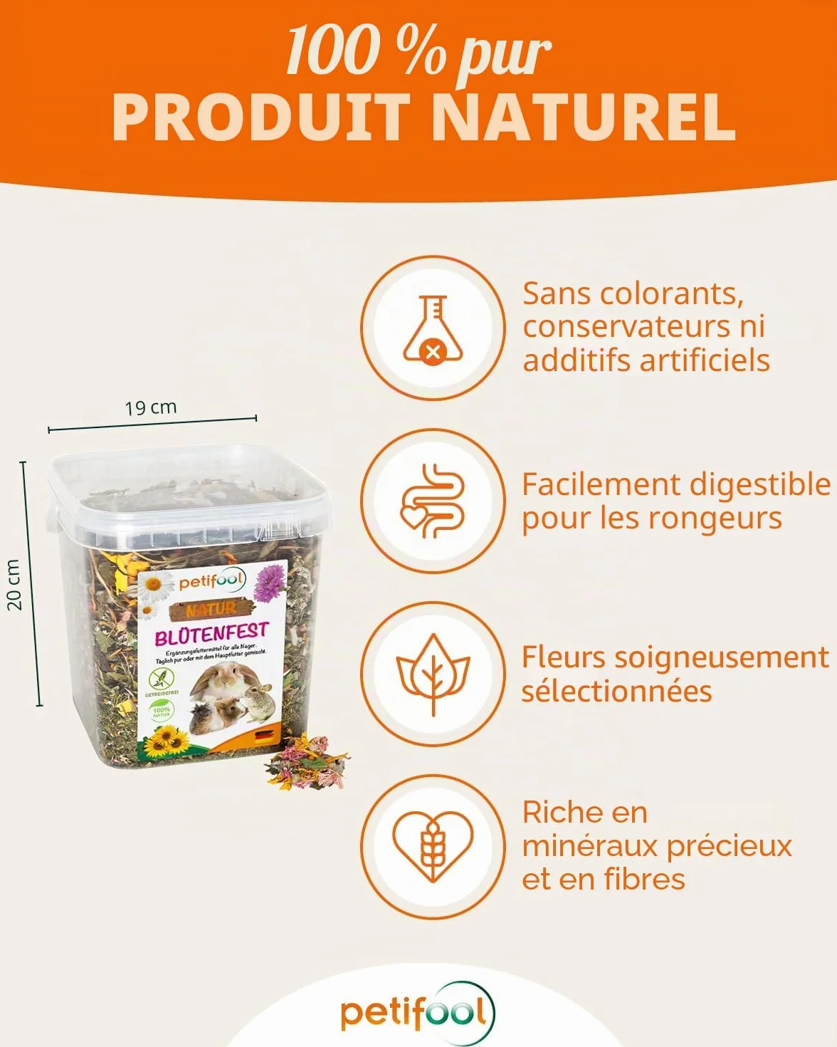 Petifool Blütenfest 380 g Complément alimentaire naturel pour rongeurs lapins cochons d'Inde hamsters chinchilla