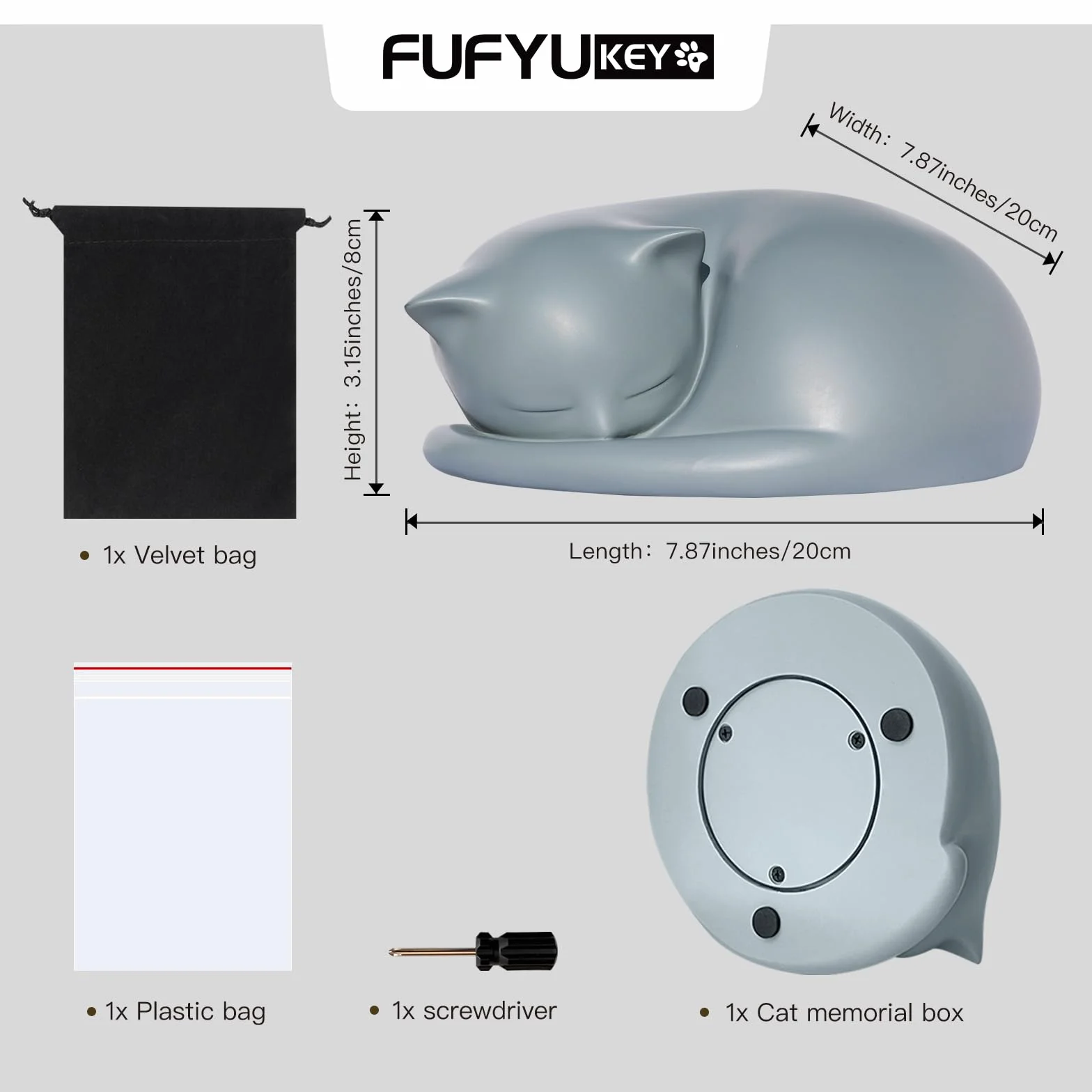 Urne Funéraire Chat en Résine Forme Chat Endormi avec Sac Velours Gris