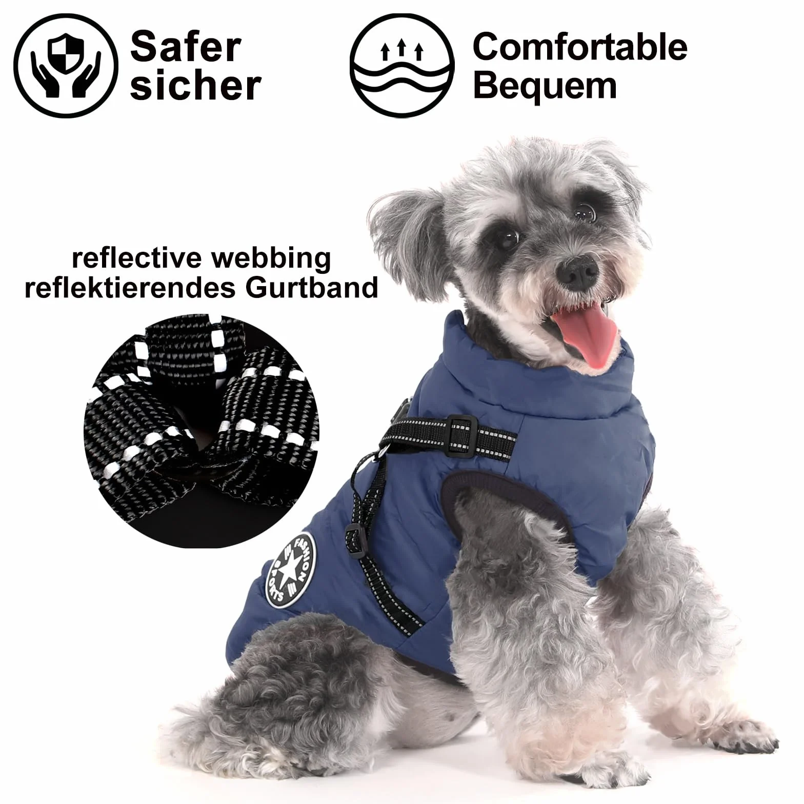 Manteau d'hiver chaud imperméable pour petit chien avec harnais et bandes réfléchissantes