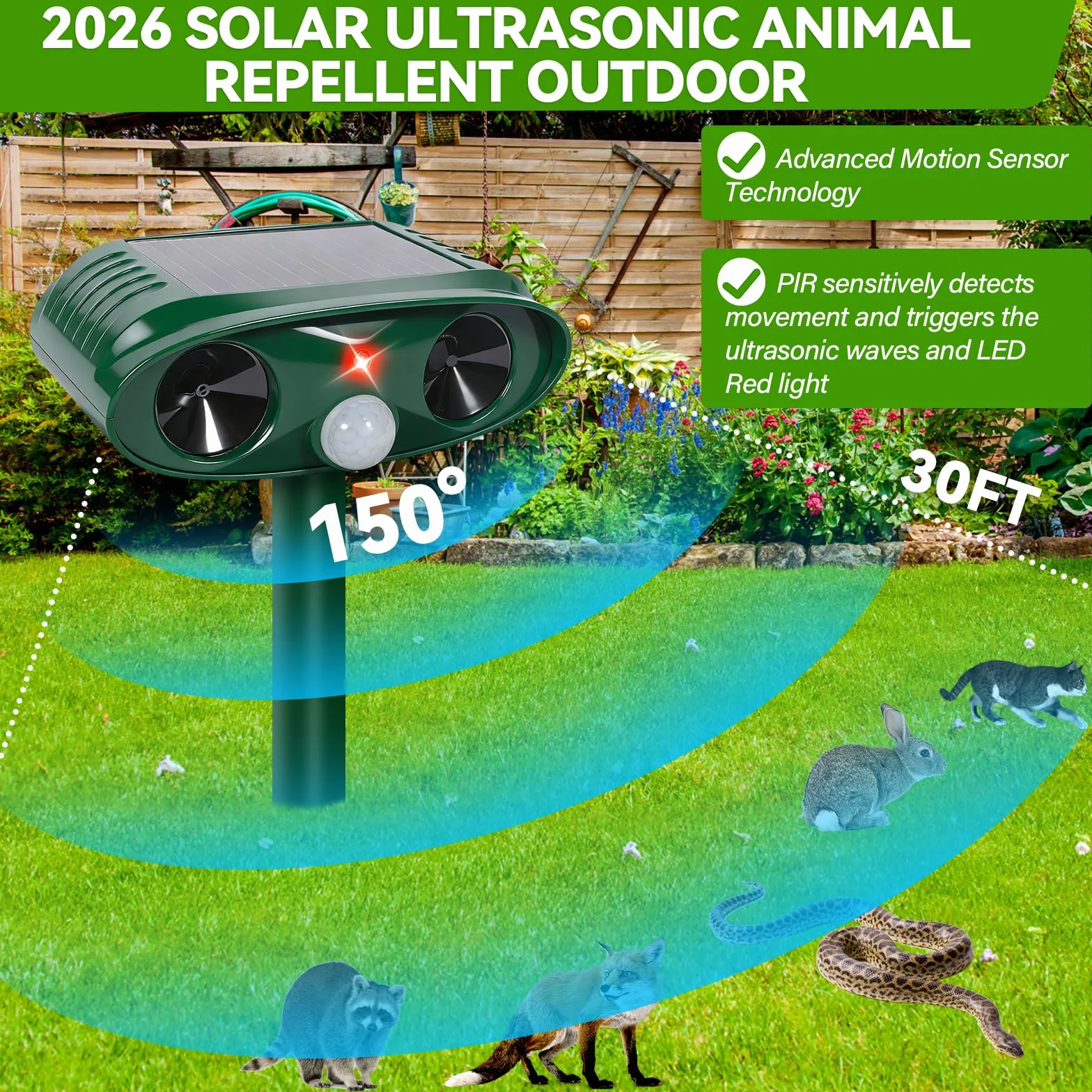 Répulsif Chat Ultrason 3 Modes Solaire USB IP54 Étanche Exterieur pour Chats Chiens
