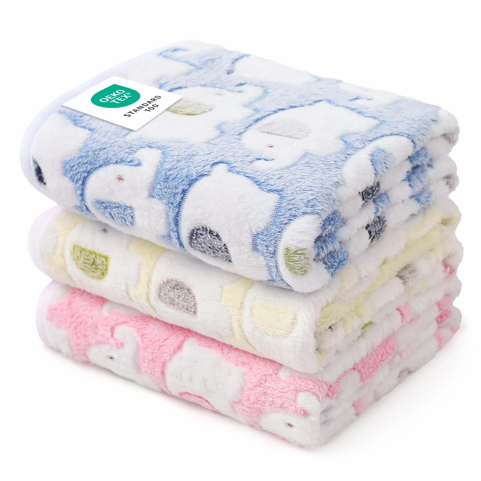 Lot de 3 couvertures en Flanelle Super Douce - Motif éléphant - pour Chiot et Chat - Bleu/Rose/Jaune - Taille M