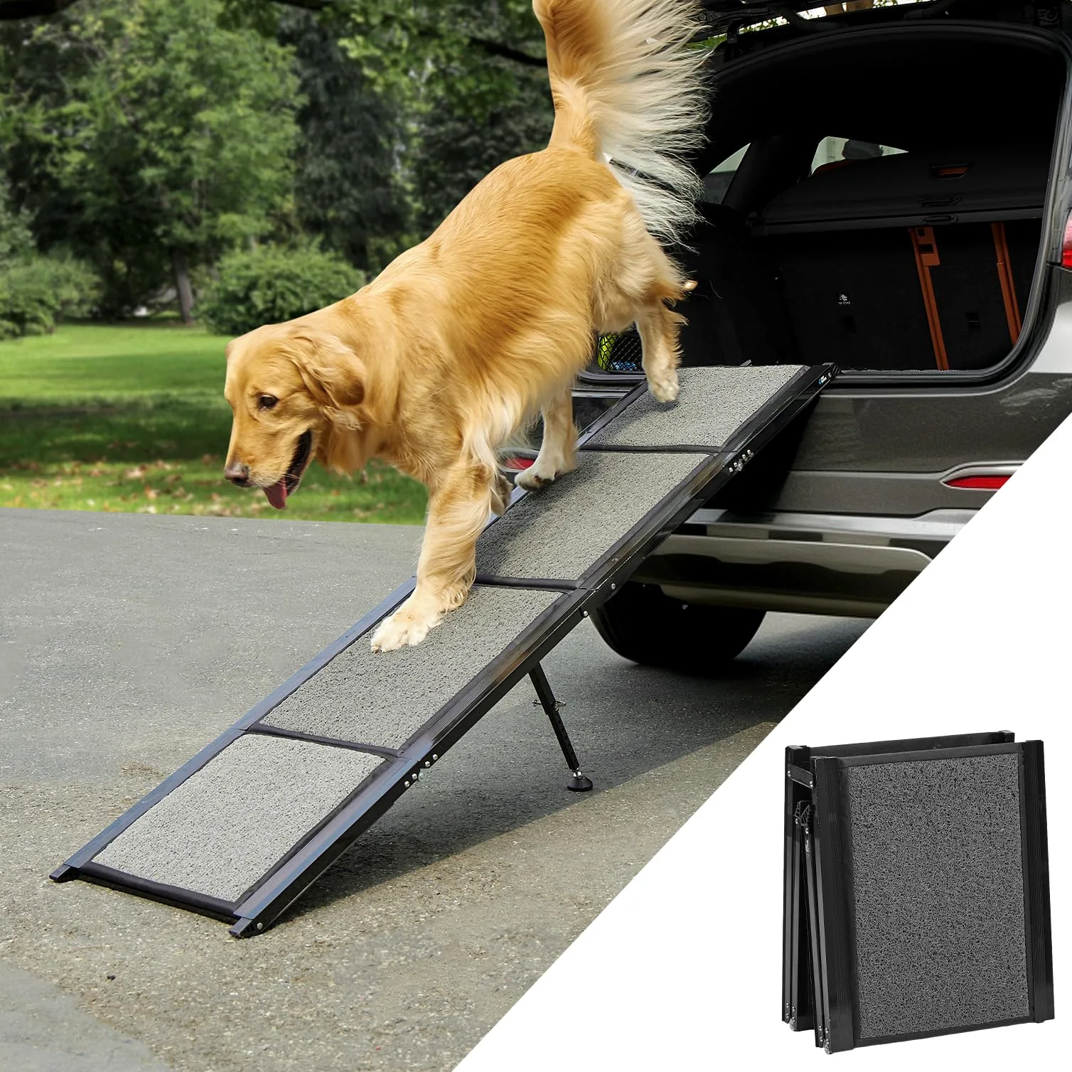 JOYTUTUS Rampe pour Chien Voiture Pliable,180 x 44 cm Charge Max.90 kg | Rampe Accès Voiture PVC Antidérapant Aluminium Léger pour SUV Camions, Convient aux Animaux de Compagnie de Toutes Tailles,