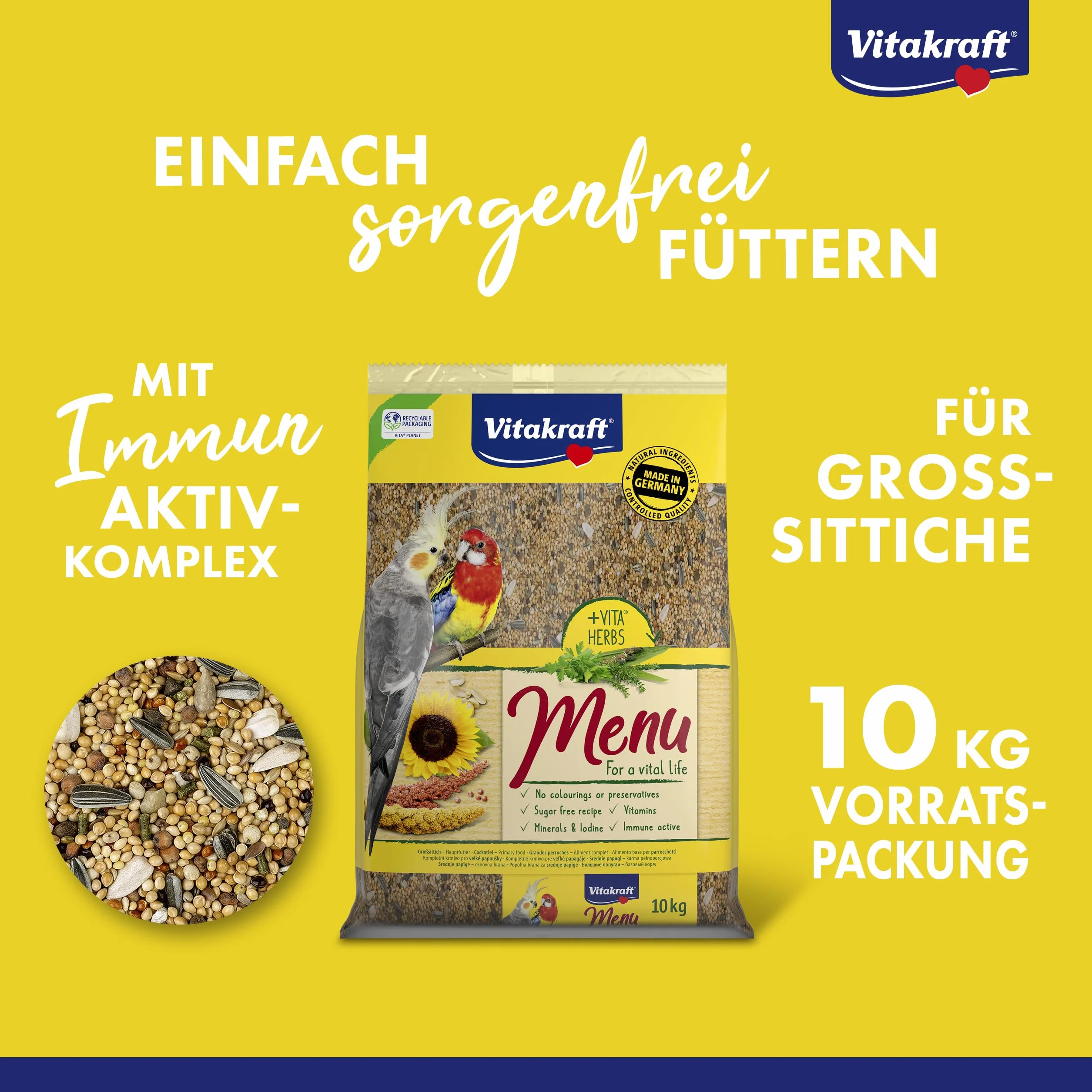 Vitakraft Menu 10 kg Nourriture Principale pour Grandes Perruches avec Vitamines et Complexe Immunitaire Actif
