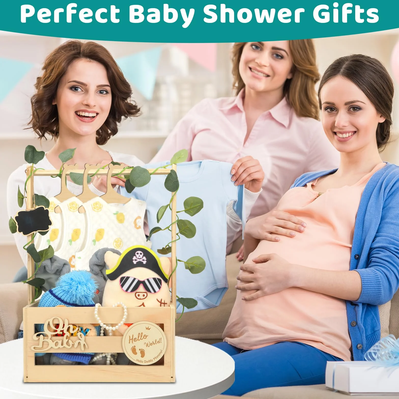 Panier Cadeau En Bois avec Poignée, Rangement Bébé 6 Cintres, Caisse en Bois Baby Shower